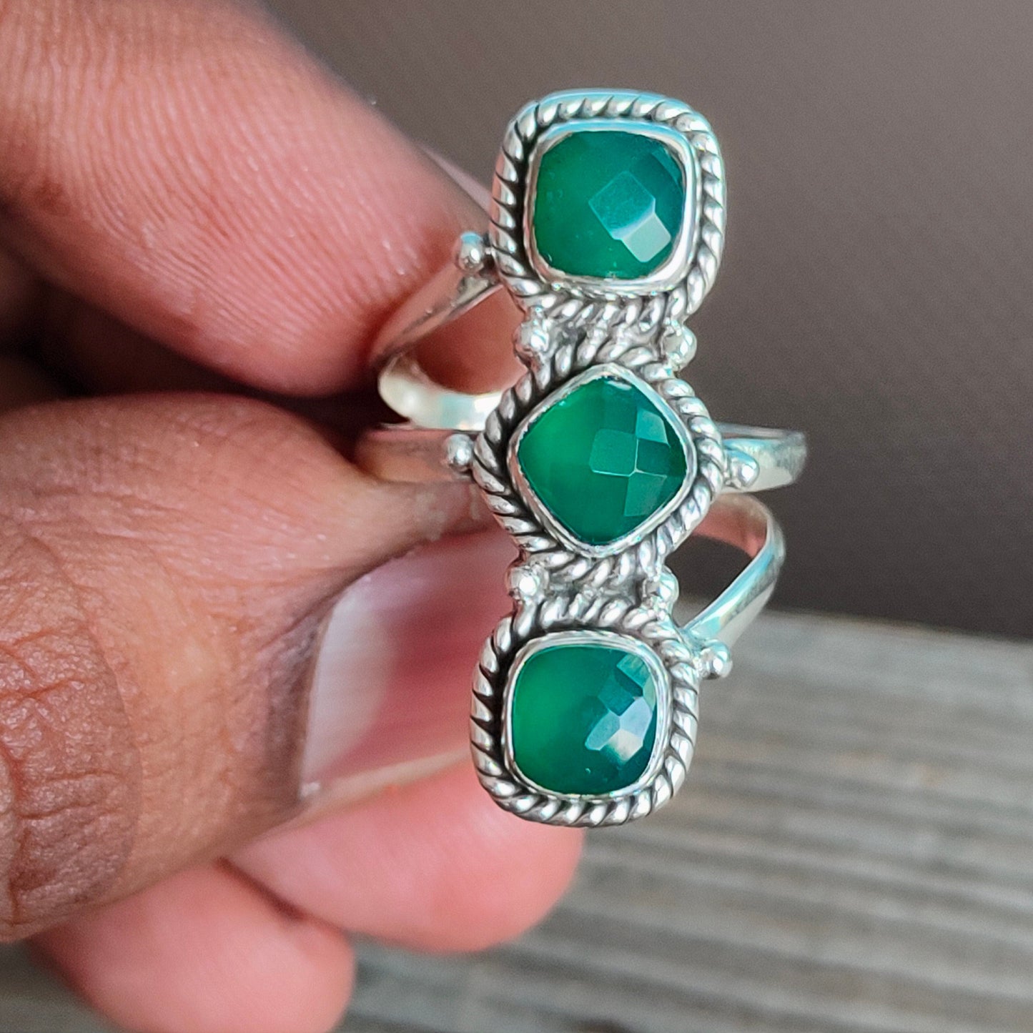 Green Onyx Boho Ring, 925 Sterling Silver Ring Green Onyx 3 stone ring - Bohemian Ring, Green Onyx ring- Rings - Gift for her, Rings- Gifts