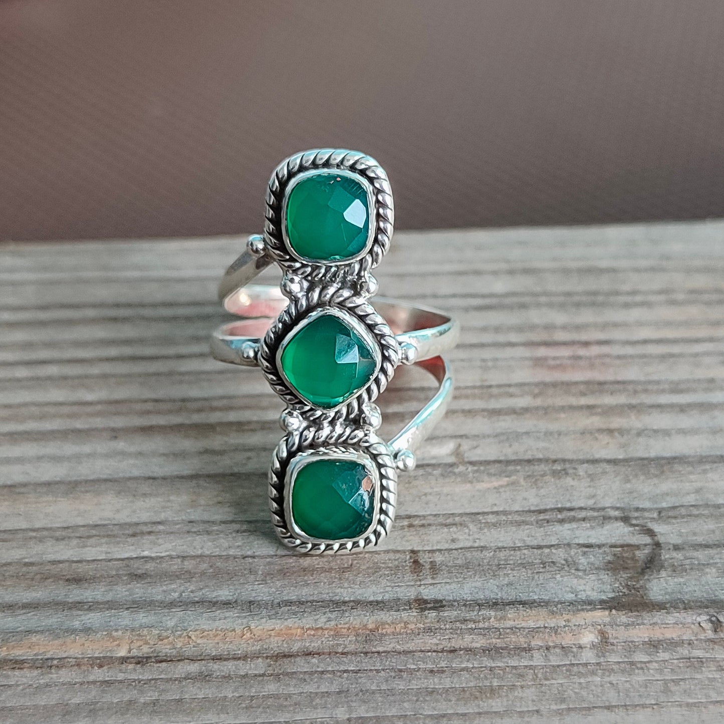 Green Onyx Boho Ring, 925 Sterling Silver Ring Green Onyx 3 stone ring - Bohemian Ring, Green Onyx ring- Rings - Gift for her, Rings- Gifts