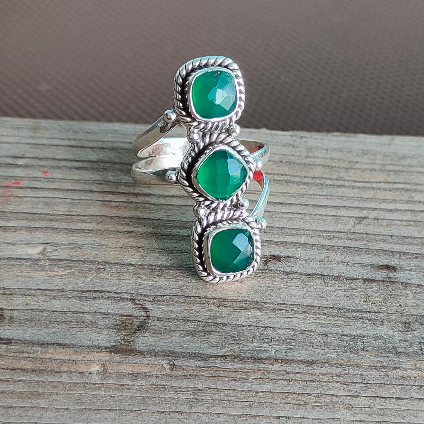 Green Onyx Boho Ring, 925 Sterling Silver Ring Green Onyx 3 stone ring - Bohemian Ring, Green Onyx ring- Rings - Gift for her, Rings- Gifts