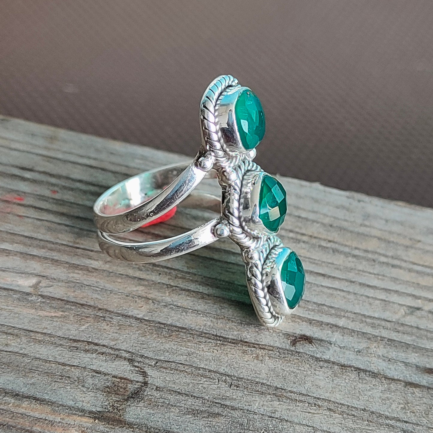 Green Onyx Boho Ring, 925 Sterling Silver Ring Green Onyx 3 stone ring - Bohemian Ring, Green Onyx ring- Rings - Gift for her, Rings- Gifts