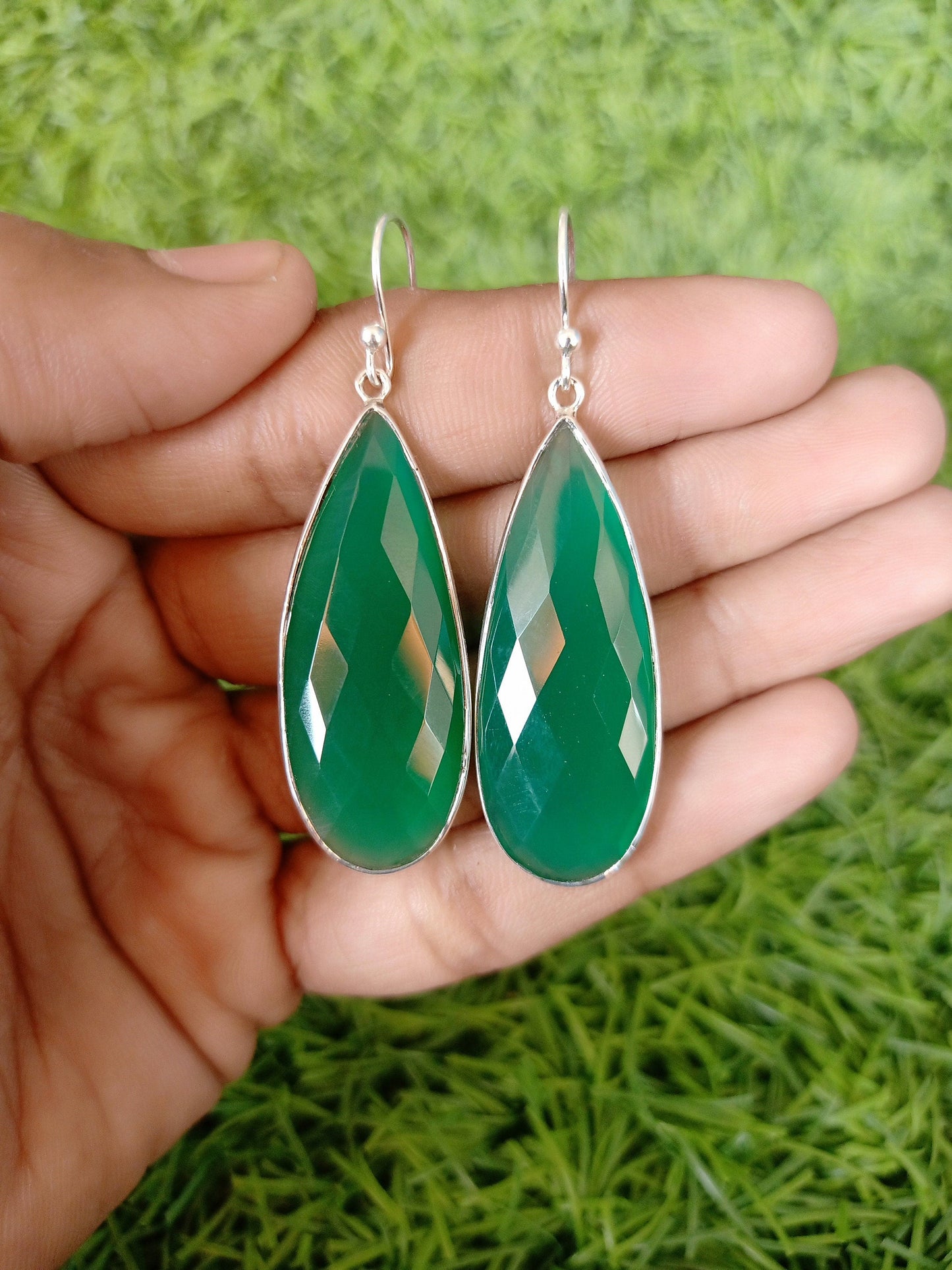 Green Calci 925 Sterling Silver - Handmade Earring -Green Calci Pear Shape Silver Earrings - Boho Earrings- Gift for Her- Unique Earring