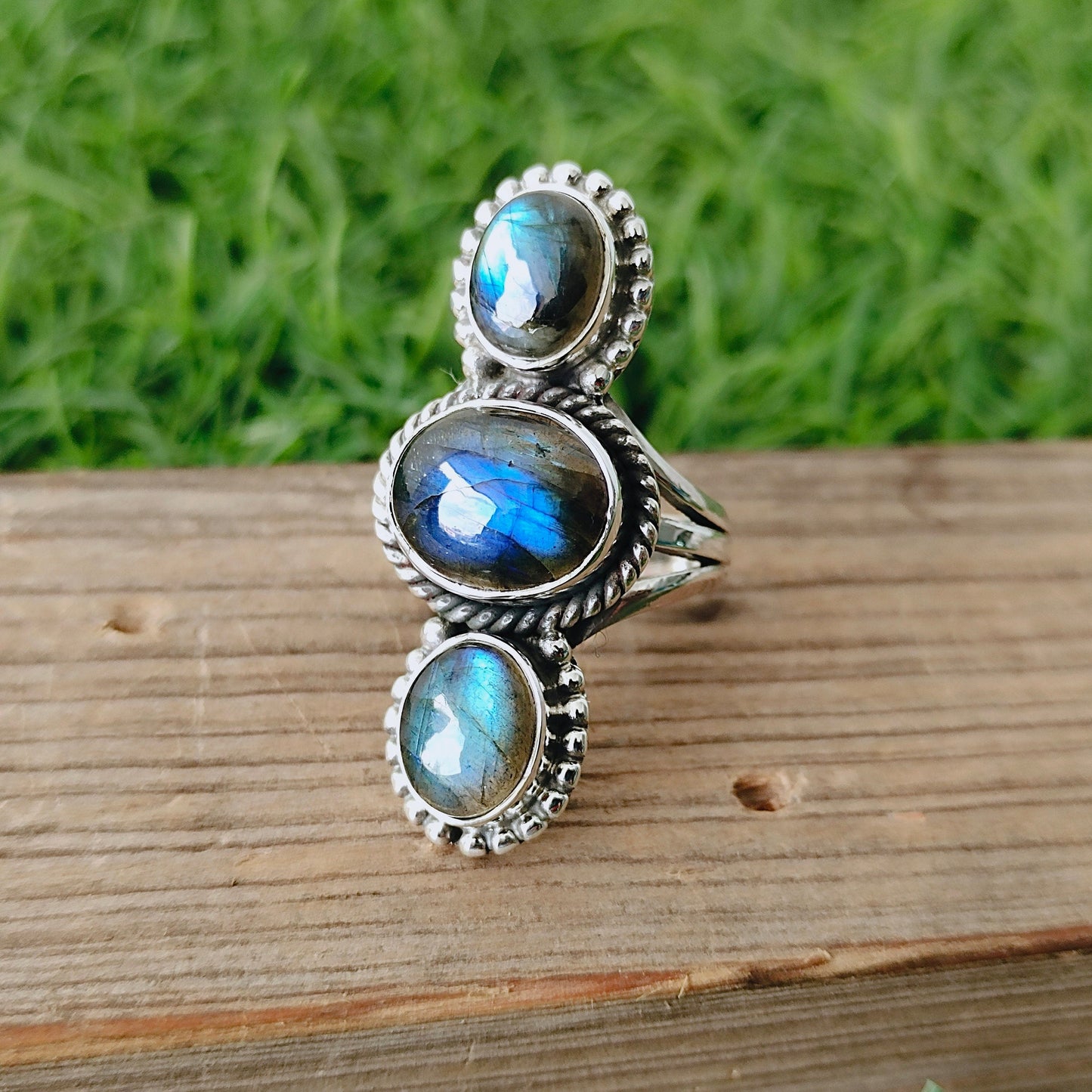 Labradorite Boho Ring,925 Sterling Silver Ring Labradorite 3 stone ring , big size ring , blue stone ring , jewelry silver ring,boho rings