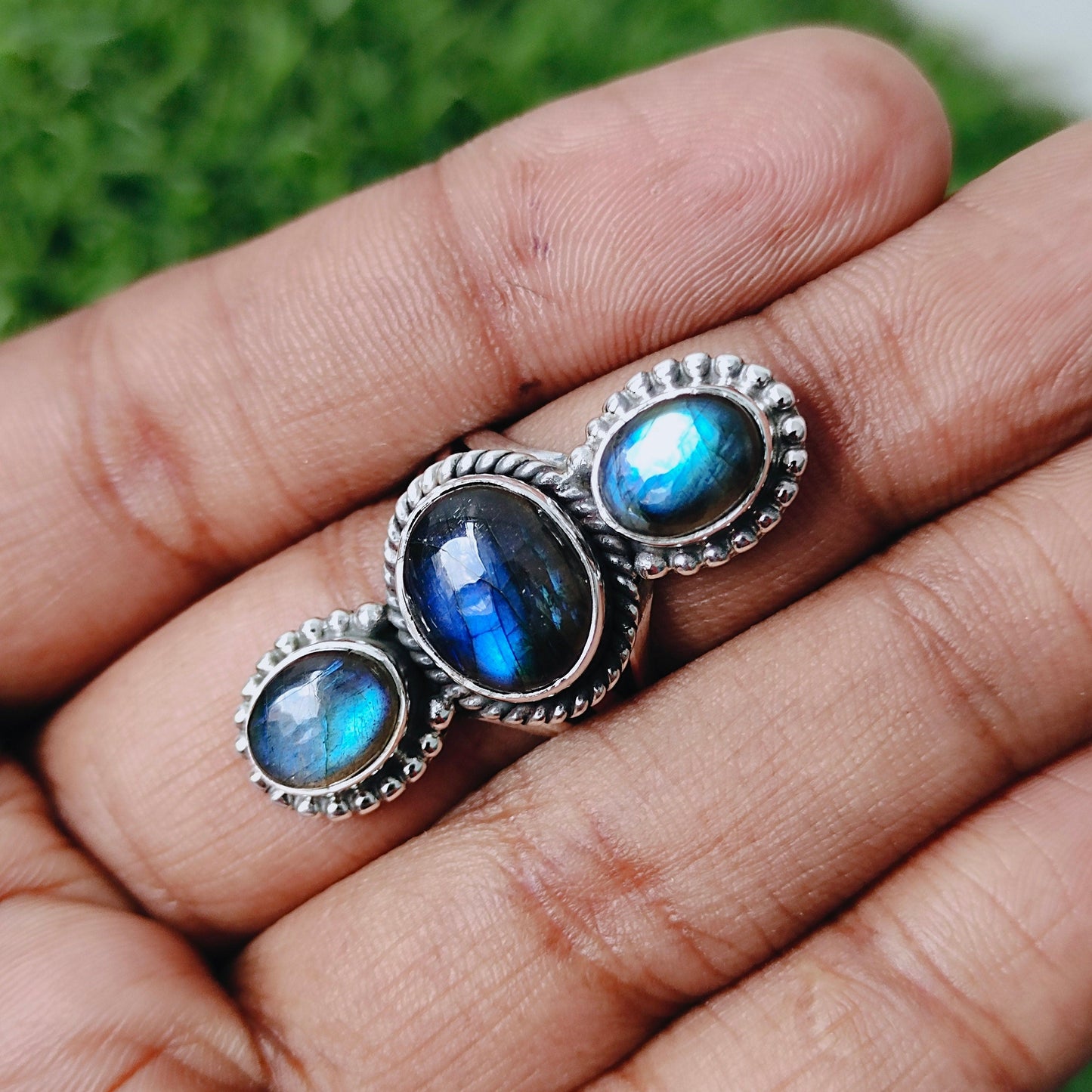 Labradorite Boho Ring,925 Sterling Silver Ring Labradorite 3 stone ring , big size ring , blue stone ring , jewelry silver ring,boho rings