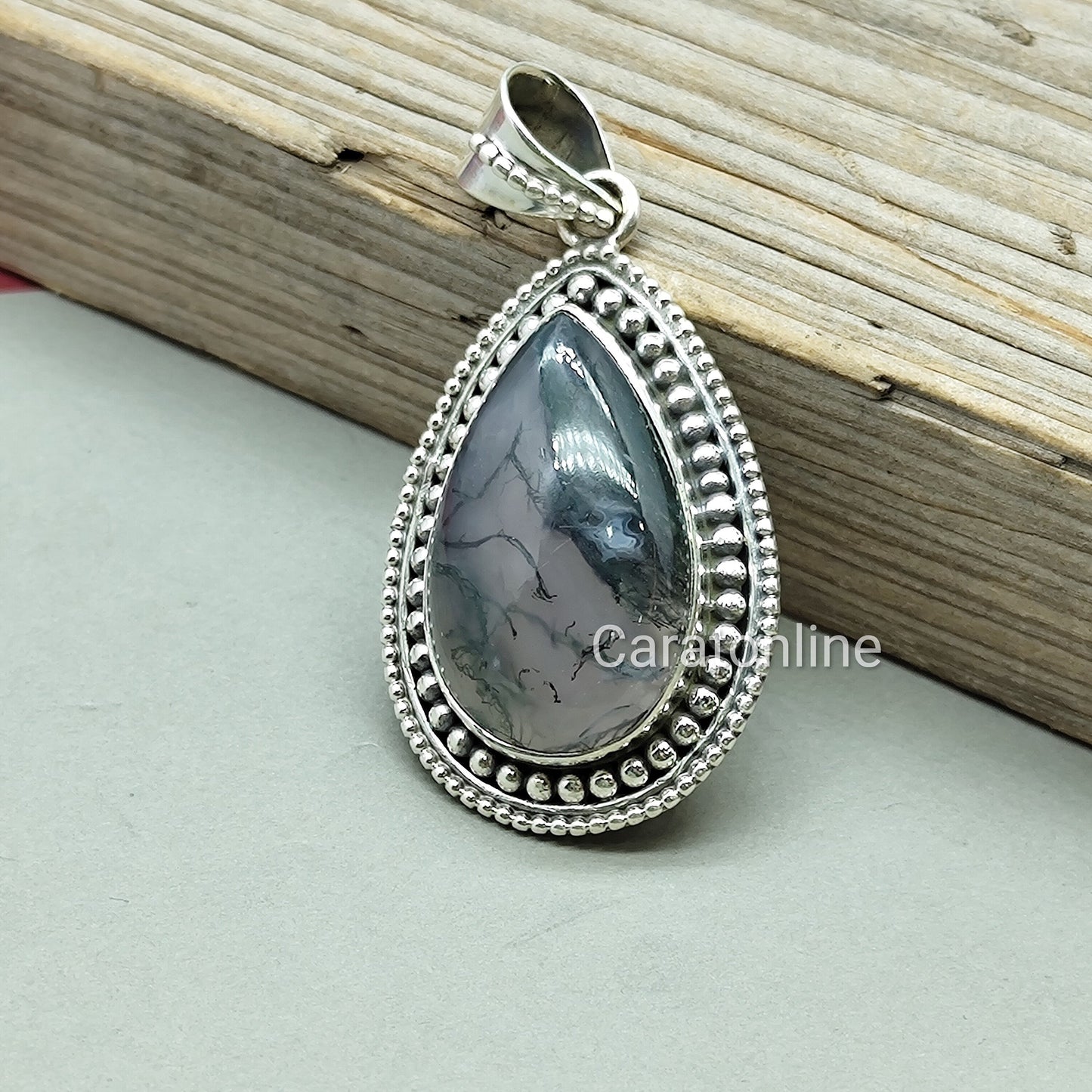 Handmade Moss Agate Pendant of Solid 925 Sterling Silver, Beautiful Moss Agate Pendant in Teardrop Shape, Boho Pendant Gift for her