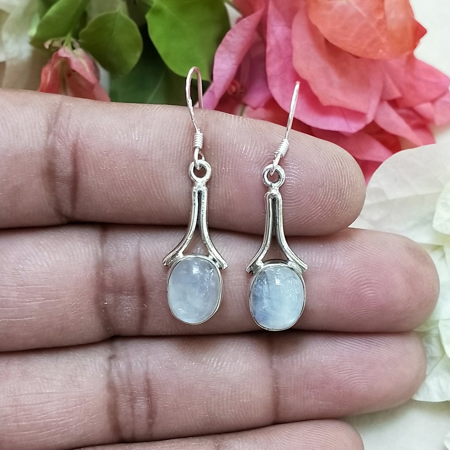 Rainbow Moonstone 925 Sterling Silver Handmade Earring Rainbow Moonstone Oval Shape Silver Earrings Boho Earrings Gift for Her