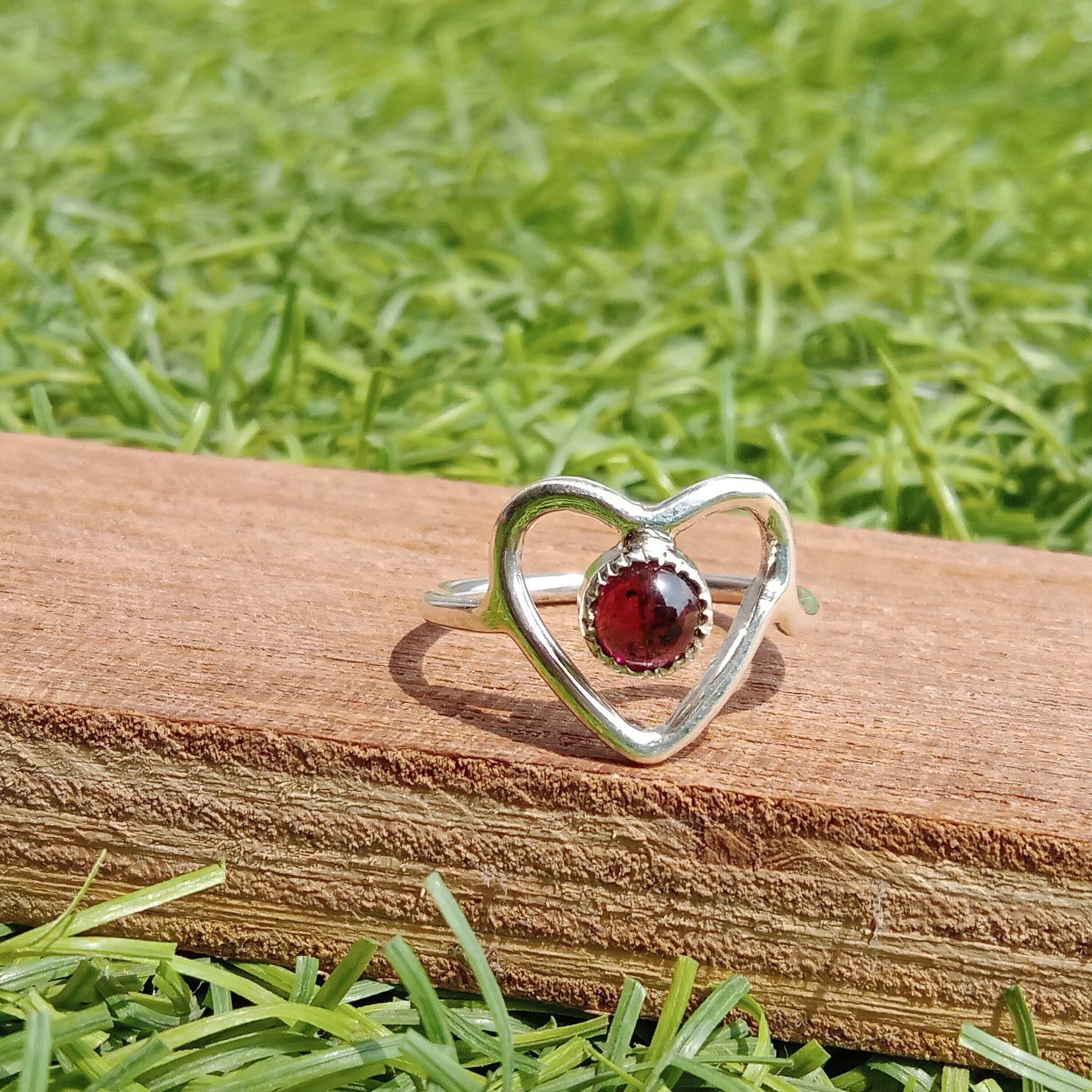 Heart Shape Boho Statement Ring - Garnet Sterling Silver Ring - - Hand Crafted Bohemian Ring-Bohemian Ring- Garnet Ring- gift for Her