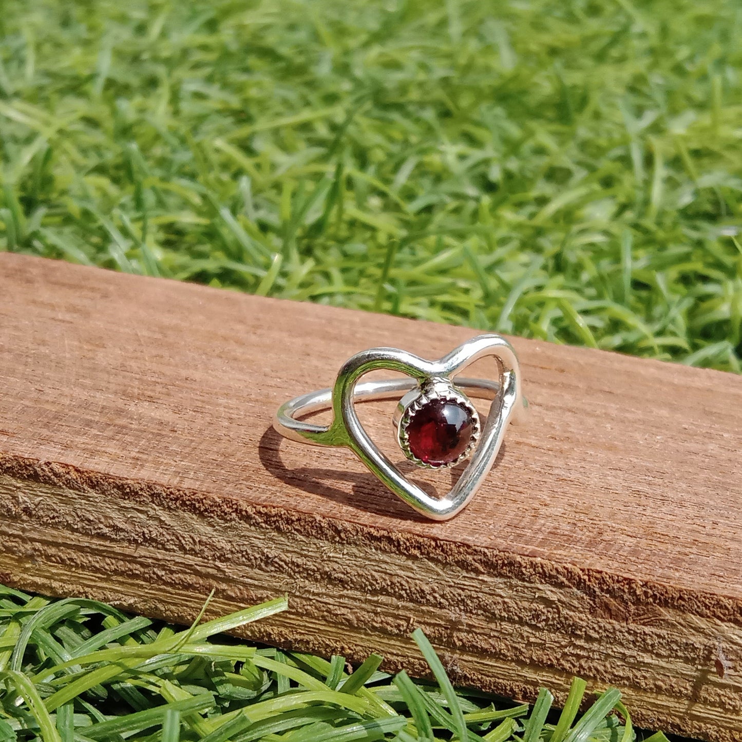 Heart Shape Boho Statement Ring - Garnet Sterling Silver Ring - - Hand Crafted Bohemian Ring-Bohemian Ring- Garnet Ring- gift for Her