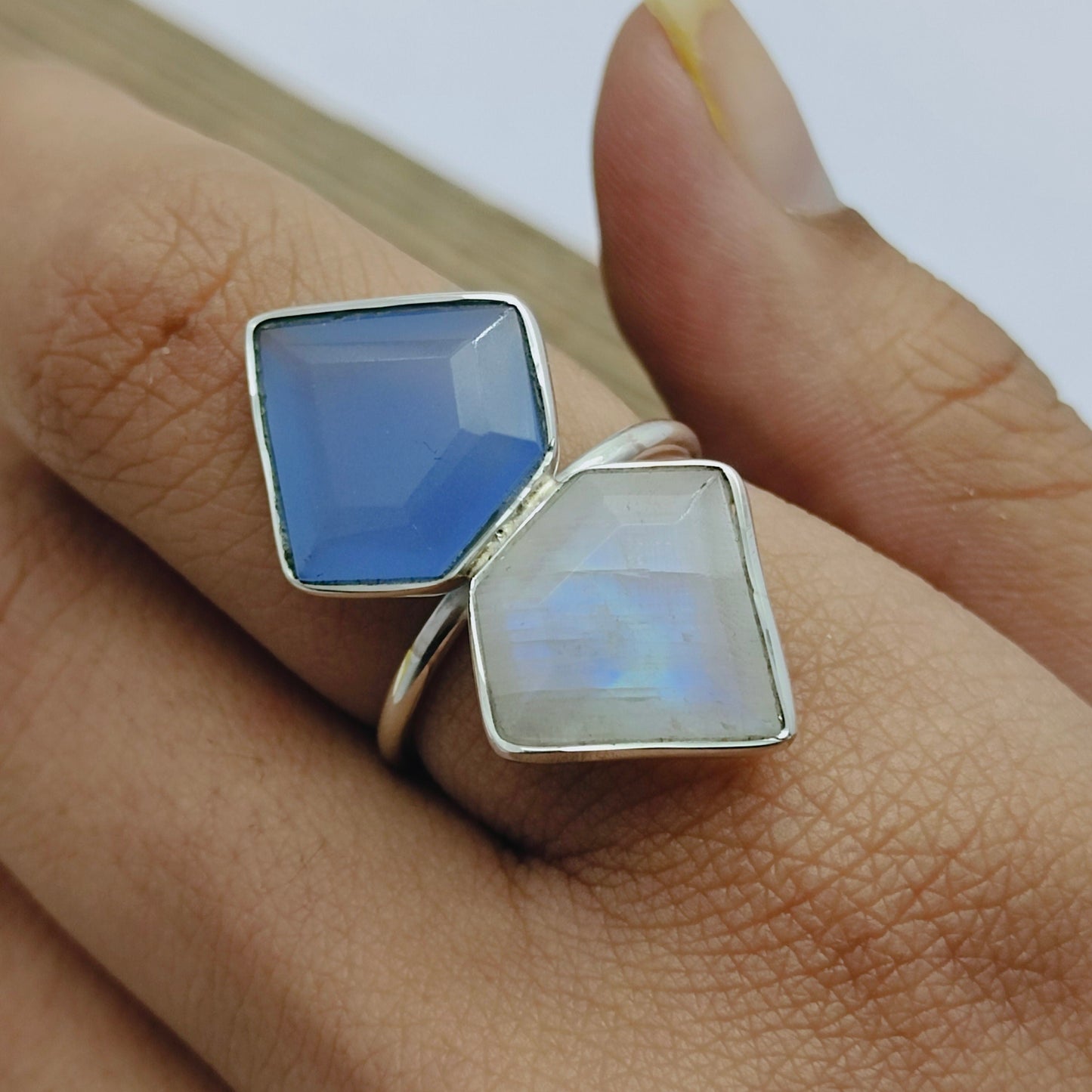 Moonstone and blue calcy Ring -Sterling Silver Ring - dual gemstone ring - Hand Crafted Bohemian Ring - Rainbow Moonstone and blue calcy