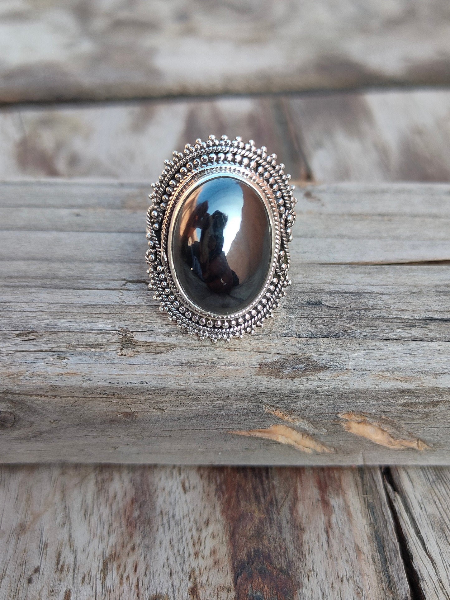 Boho Statement Ring - Hematite Sterling Silver Ring - Hand Crafted Bohemian Ring-Bohemian Ring - Hematite Rings -Gift for