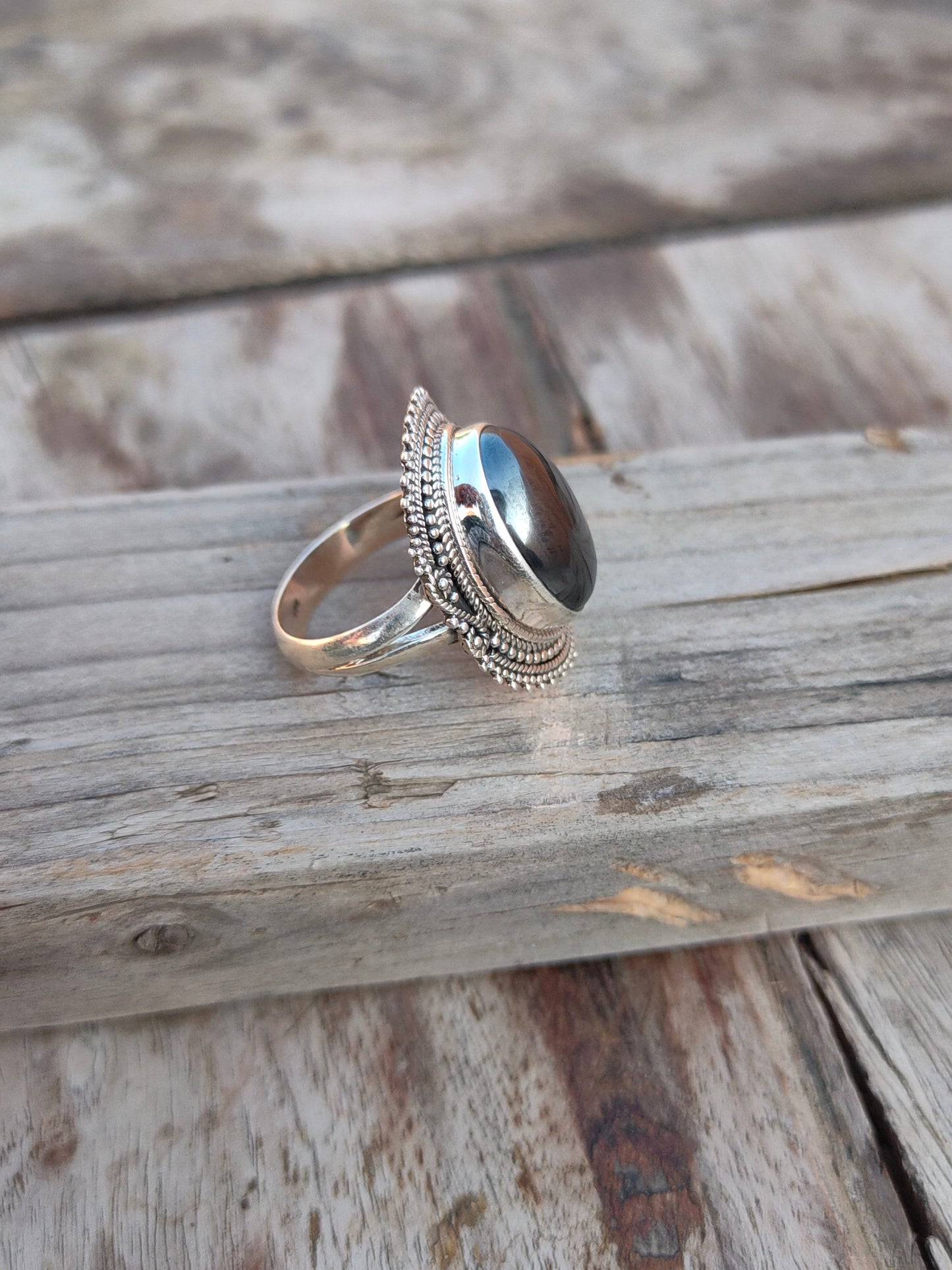Boho Statement Ring - Hematite Sterling Silver Ring - Hand Crafted Bohemian Ring-Bohemian Ring - Hematite Rings -Gift for
