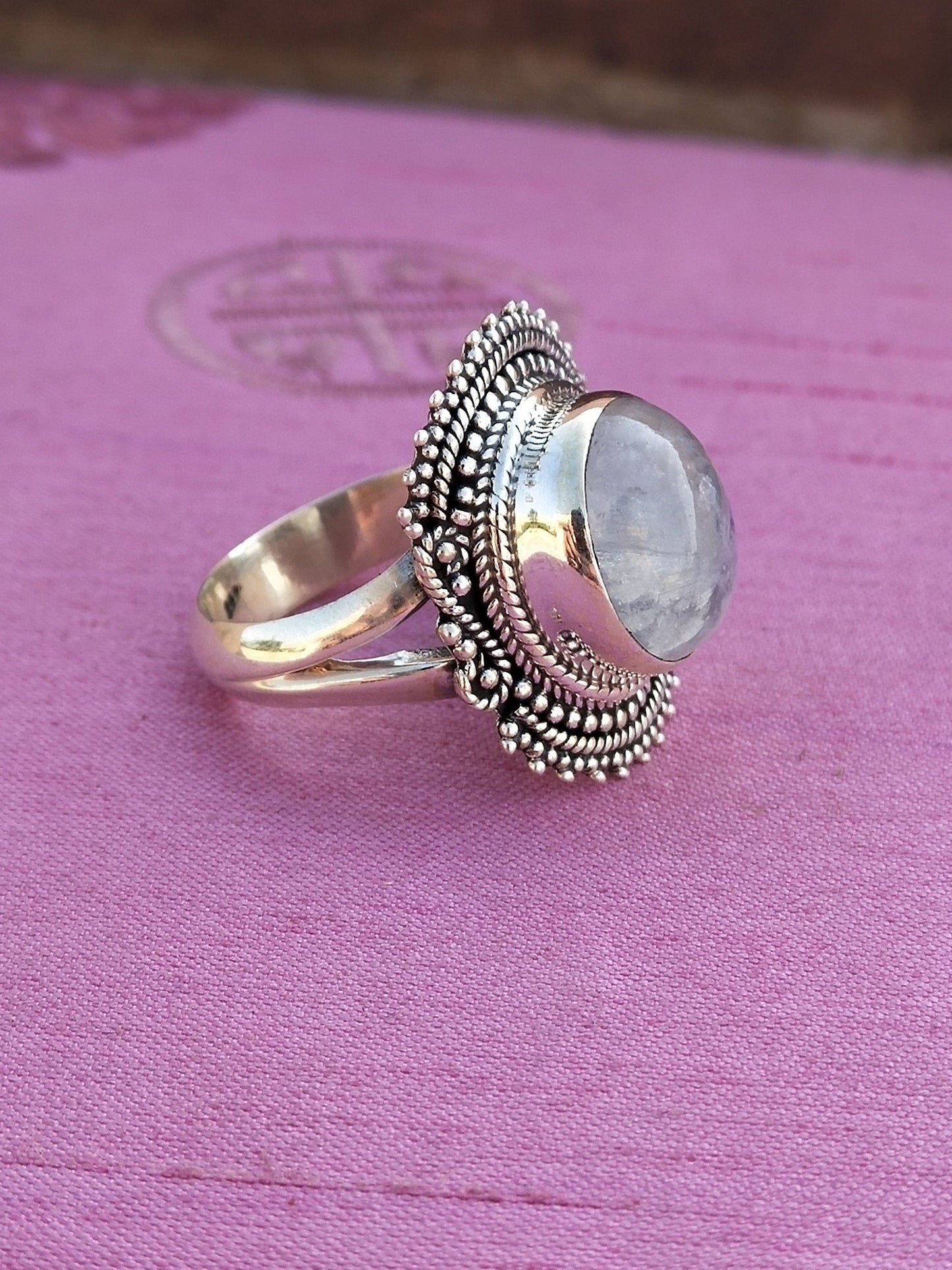Boho Statement Ring -Rainbow Moonstone Sterling Silver Ring-Hand Crafted Bohemian Ring-Bohemian Ring-Rainbow moonstone Ring -Rings -Gift for