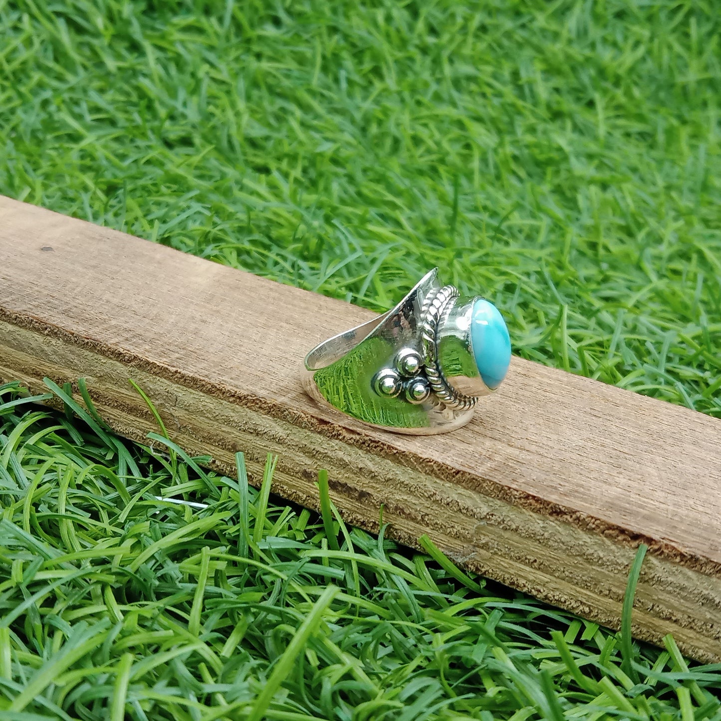 Natural Larimar top quality Stone ring - Larimar ring - 925 sterling silver ring - Round shape ring - wedding Rings - silver rings- gifts