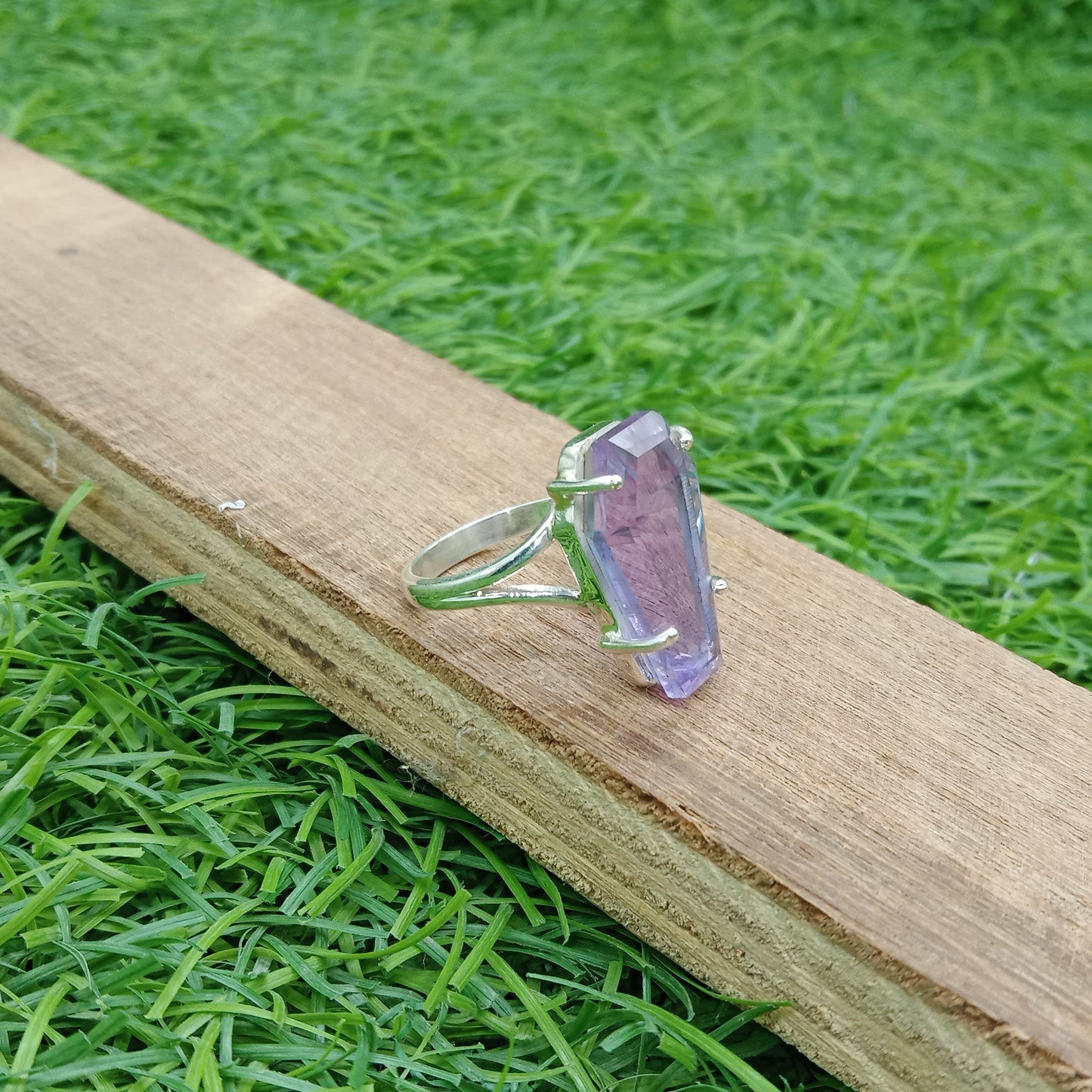 Amethyst Glass stone Coffin Shape Sterling Silver Ring - Hand Crafted Coffin Shape Ring - Bohemian Amethyst Glass Ring - Gift for her