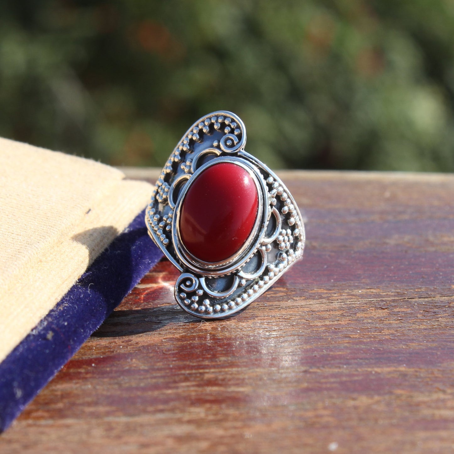 Boho Statement Ring -Coral stone Sterling Silver Ring - Hand Crafted Bohemian Ring - Bohemian Ring Coral Ring - Rings - Gift for