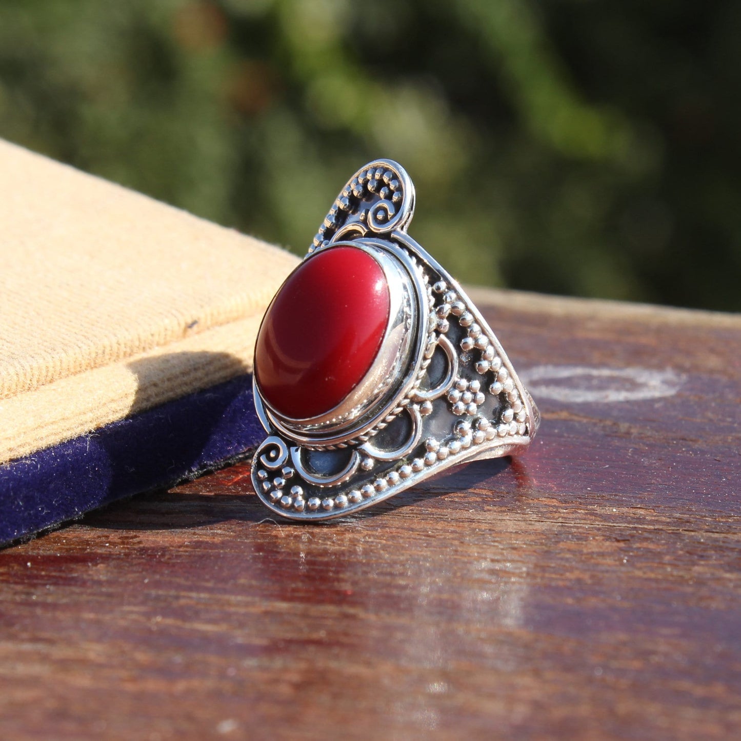 Boho Statement Ring -Coral stone Sterling Silver Ring - Hand Crafted Bohemian Ring - Bohemian Ring Coral Ring - Rings - Gift for