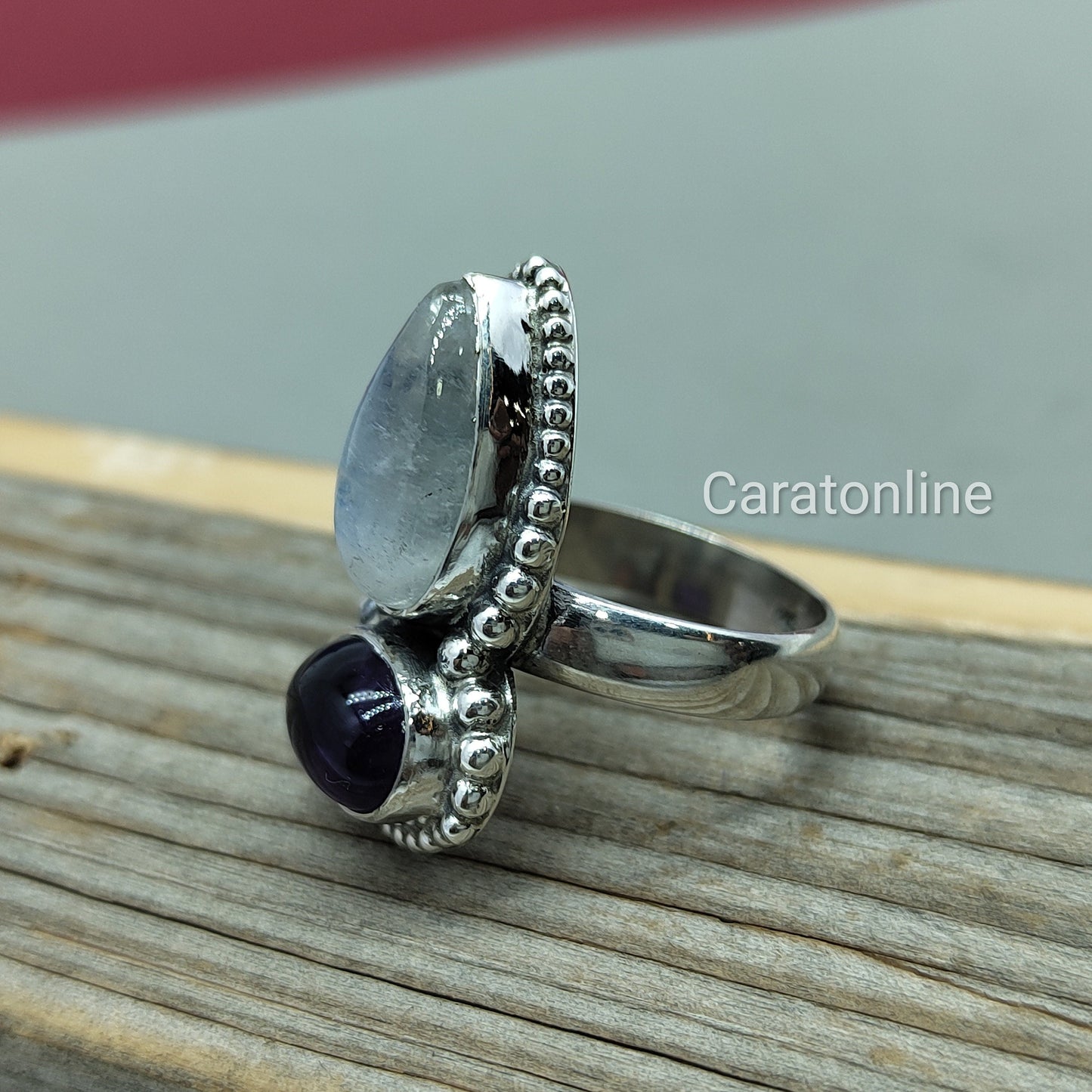 Moonstone and Amethyst Dual stone ring ,925 sterling silver ring , Dual stone, handmade bohemian ring , Moonstone and Amethyst silver ring