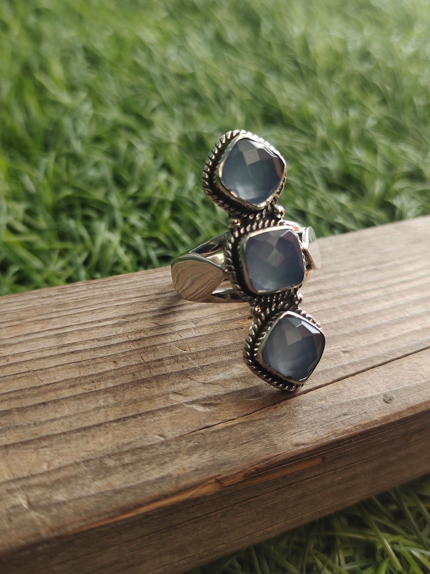 Blue Calcy 3 stone ring- Boho Ring, 925 Sterling Silver Ring - Bohemian Ring, Aqua Blue Calcy ring- Rings -Gift for her, Rings- Gifts