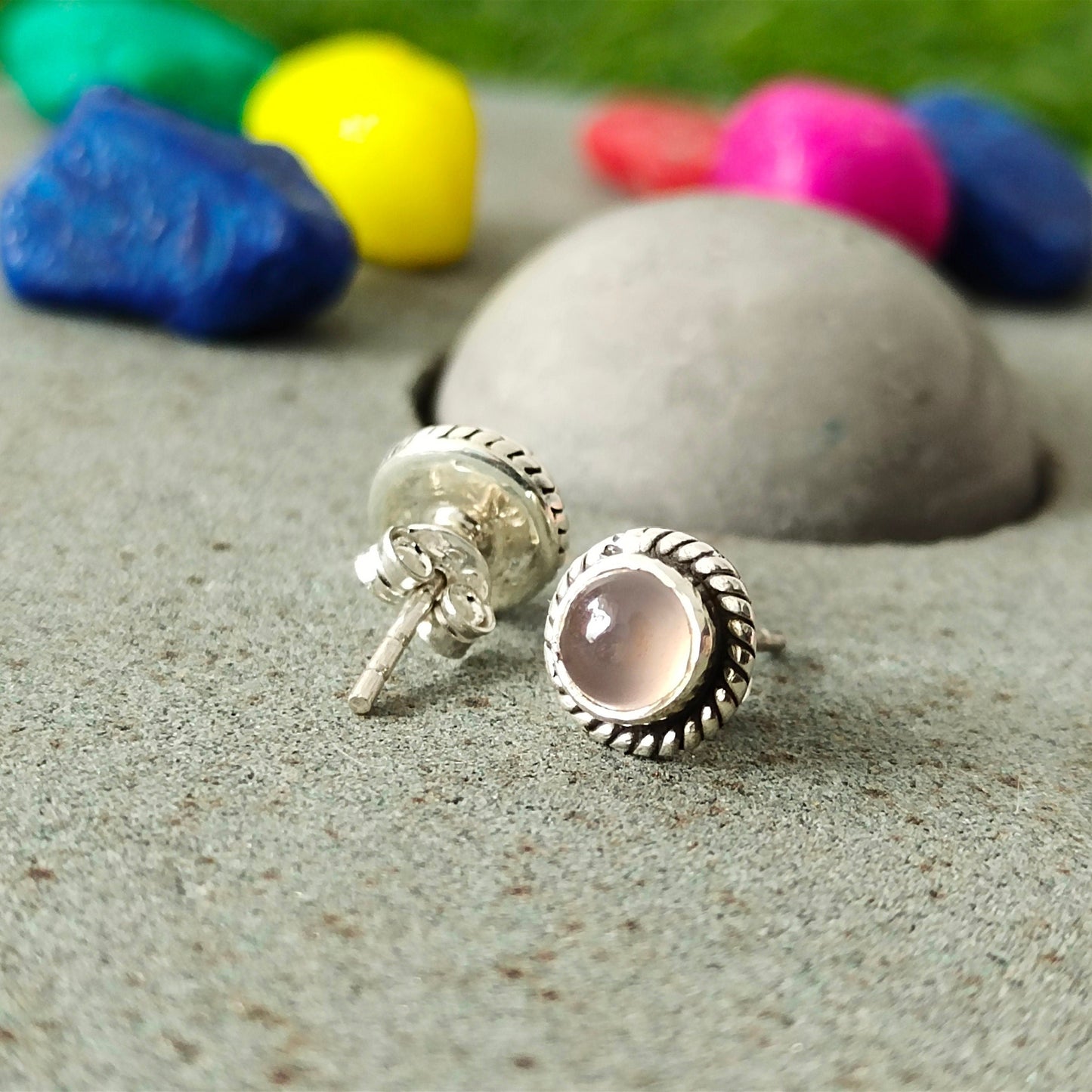 Rose quartz StudEarrings, 925 Silver Studs , Minimal, Bohemian Jewelry, Sterling Silver Tiny Round Pink Studs, Simple Earrings ,Studs,Gift