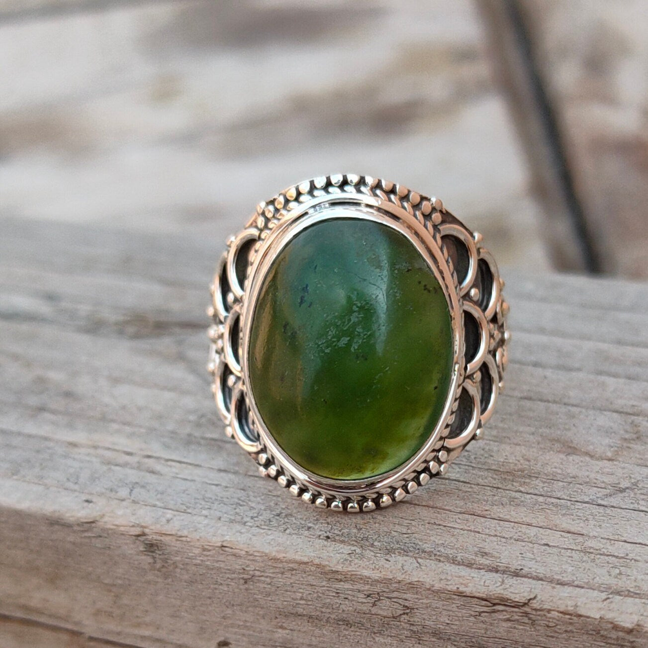 Boho Statement Ring - Green Jade Sterling Silver Ring - Hand Crafted Bohemian Ring-Bohemian Ring - Green Jade - Rings -Gift for