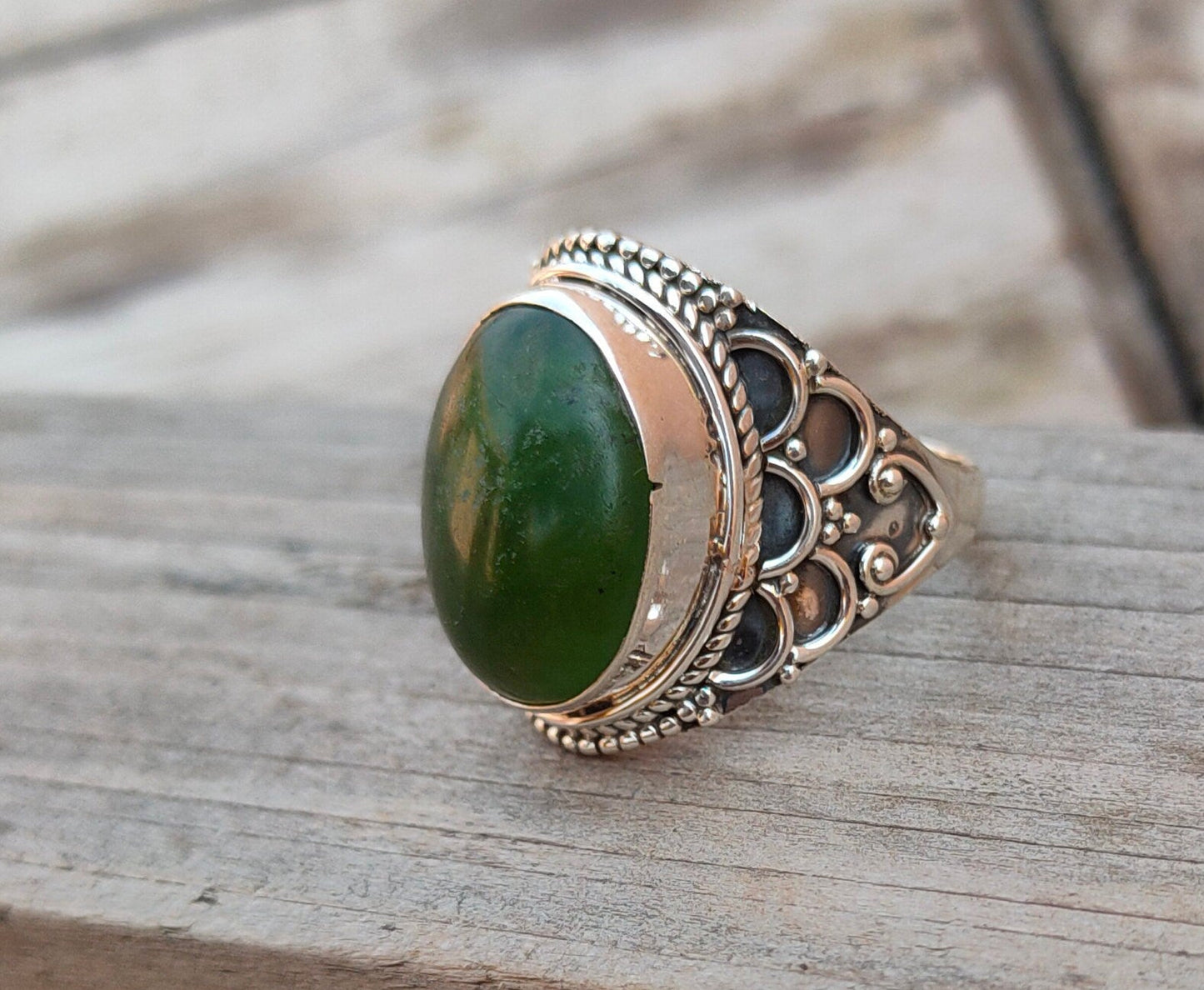 Boho Statement Ring - Green Jade Sterling Silver Ring - Hand Crafted Bohemian Ring-Bohemian Ring - Green Jade - Rings -Gift for