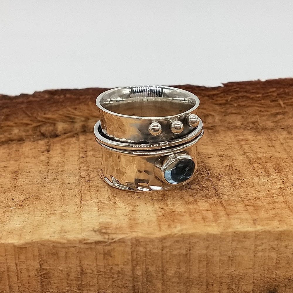 Blue Topaz Stone Spinner Band, Sterling Silver Band, Unique Band Silver Ring, Handmade Silver Ring, Bohemian Band, Gifts for her , freeship