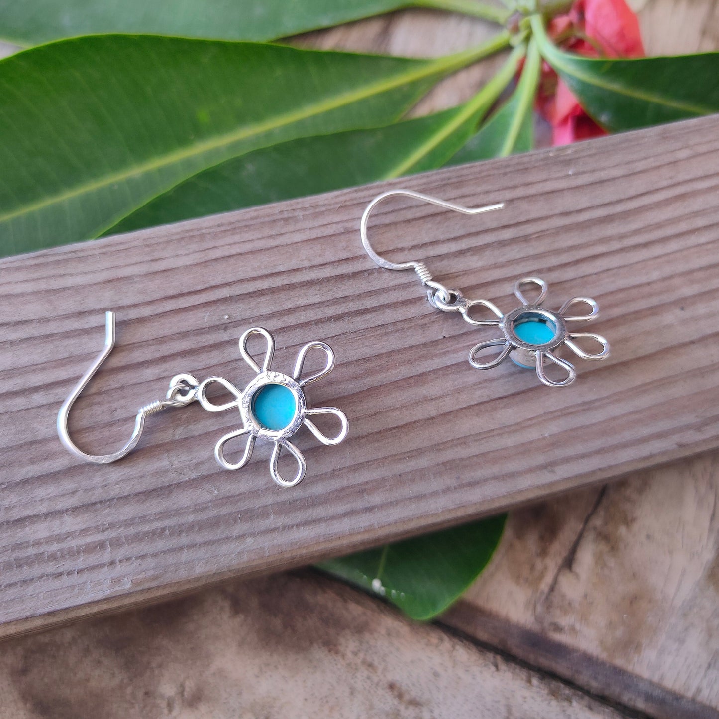 Turquoise Sterling Silver Handmade Earring Turquoise Stone Flower shape Silver Earrings Boho Earrings Gift for Her