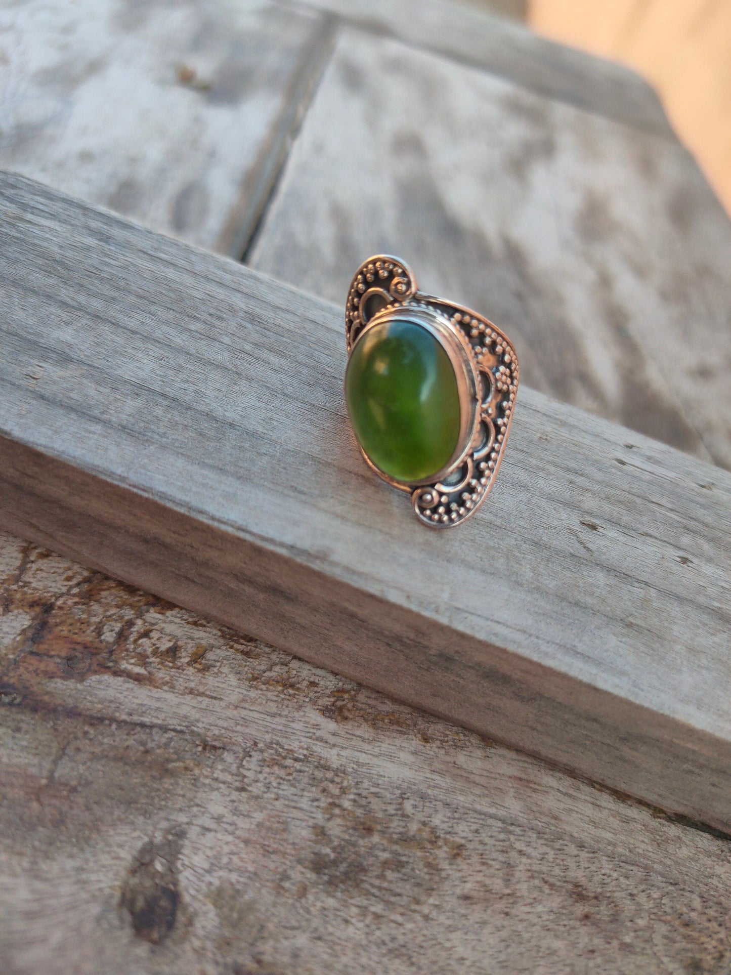 Boho Statement Ring - Green Jade Sterling Silver Ring - Hand Crafted Bohemian Ring-Bohemian Ring - Green Jade - Rings -Gift for