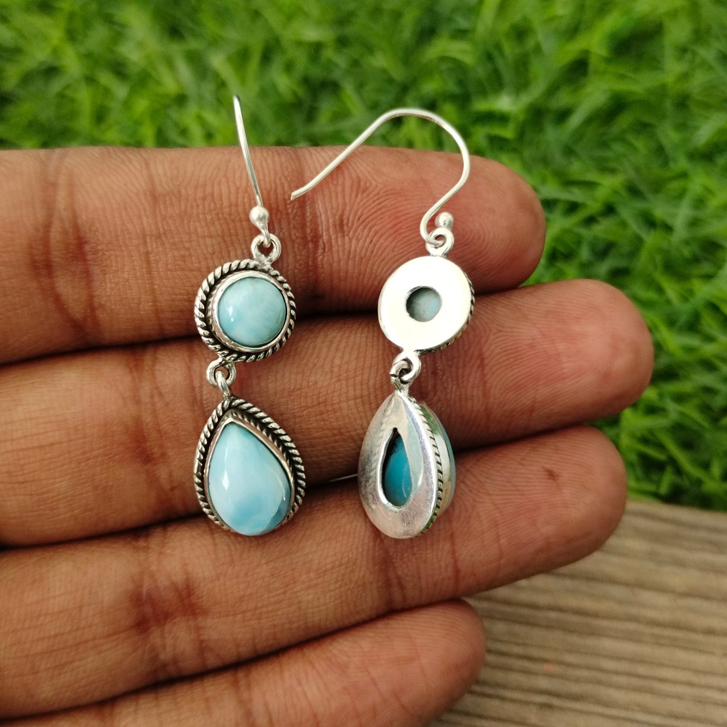 Natural Larimar Gemstone Silver Handmade Earring Sunstone Daily wearable Earrings in Round Shape Bezel Earrings Gift for Her