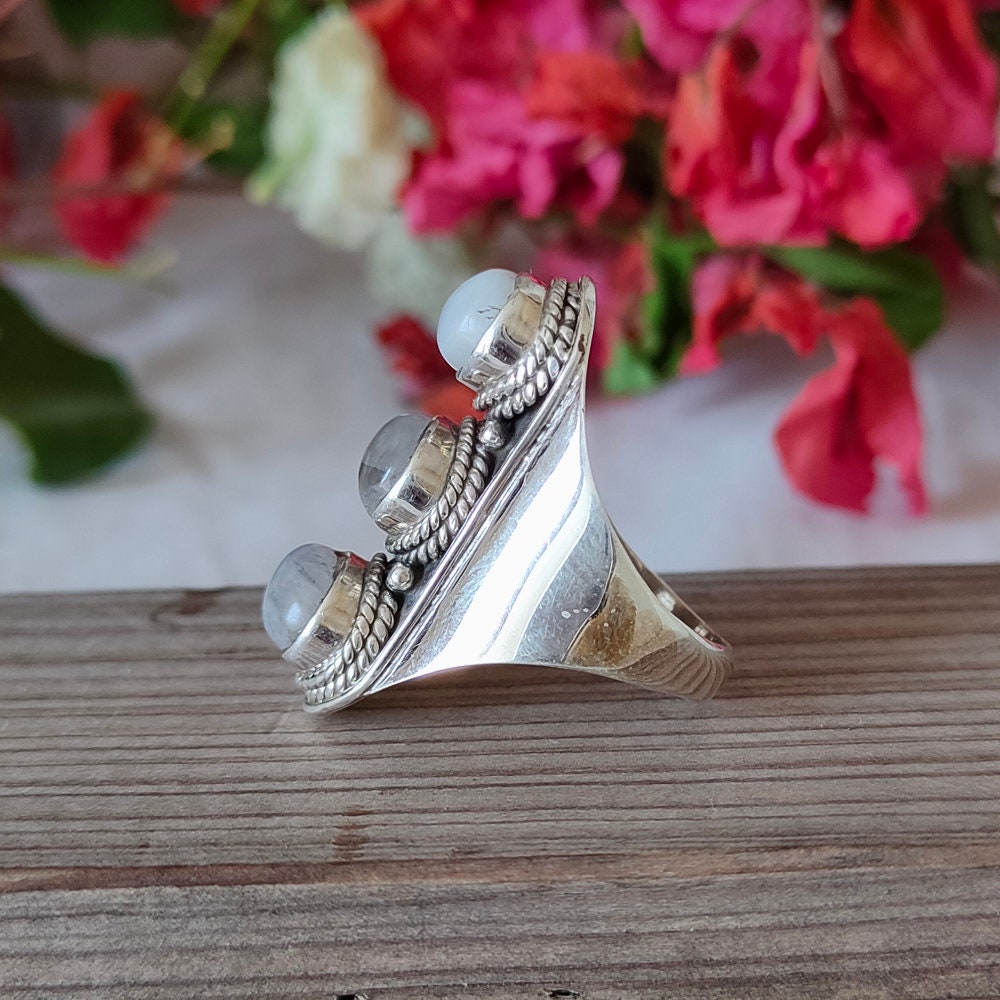 Regenbogen Mondstein Boho Ring, 925 Sterling Silber Ring, Mondstein 3Stein Ring - Boho Ring, Mondstein Ring - Ringe - Geschenk für sie, Ringe