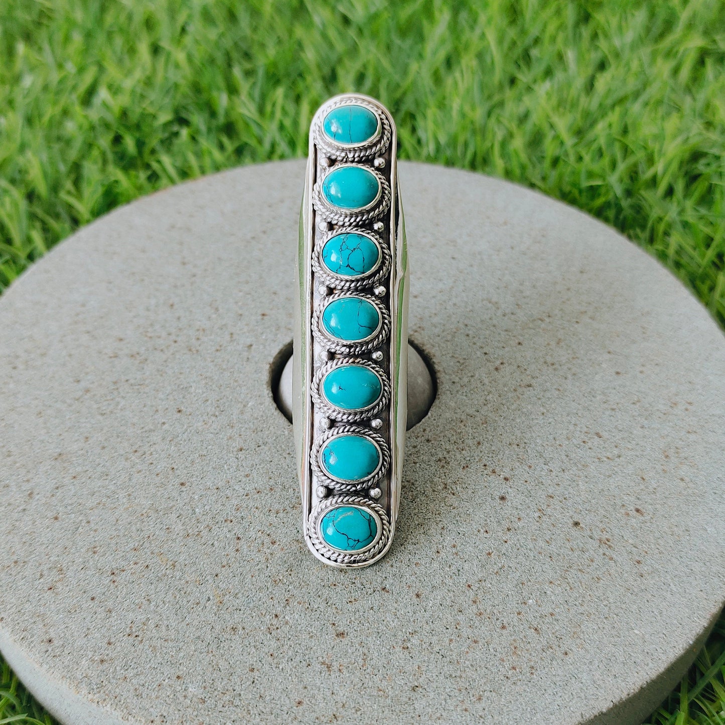 Bague Boho Statement - Bague en argent sterling turquoise - Bague bohème fabriquée à la main - Bague 7 pierres - Turquoise - Bagues - Cadeaux - Bague longue