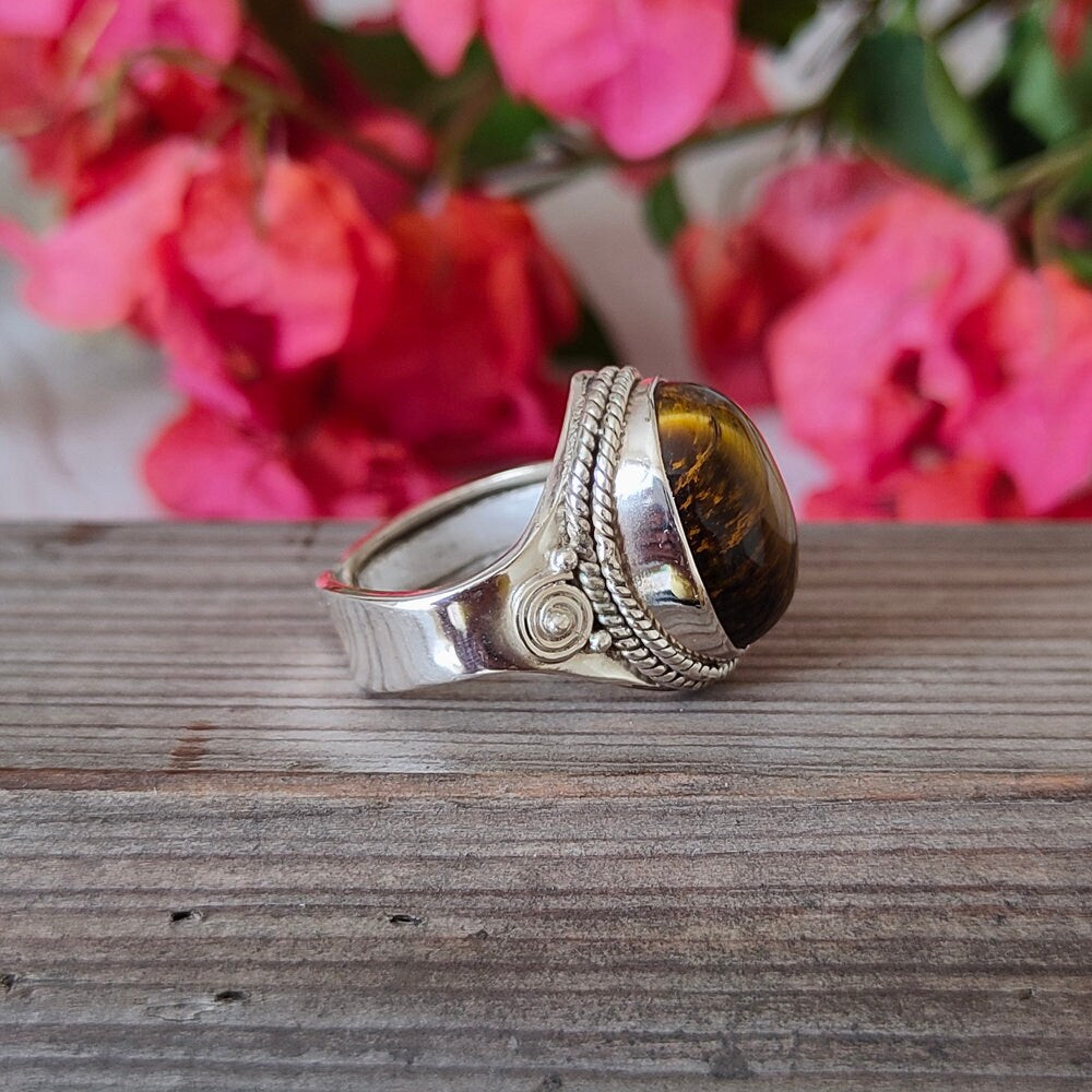 Adjustable Boho Ring -Tiger eye Stone Sterling Silver Ring - Hand Crafted Bohemian Ring - tiger eye Ring - Rings - Gift for girls , Rings