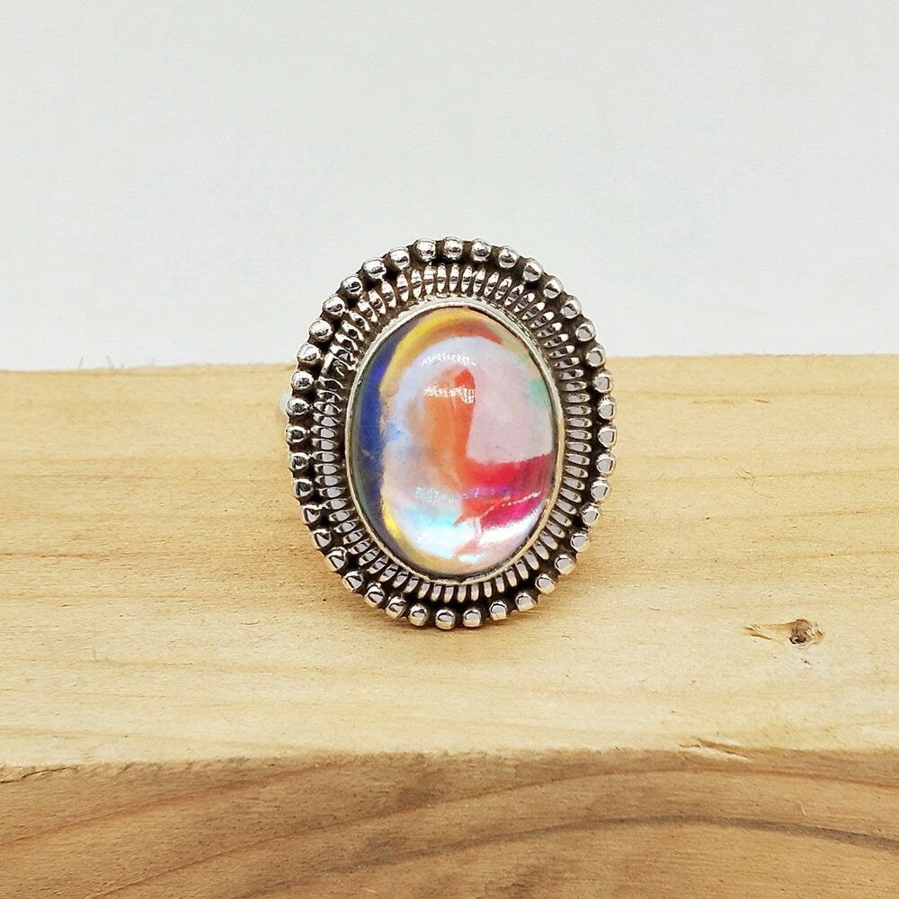 Rainbow glass boho ring , sterling silver 925 ring , Silver Boho ring , Bohemian Party Stone Ring , Rainbow fire Ring , Rings , Gift Item