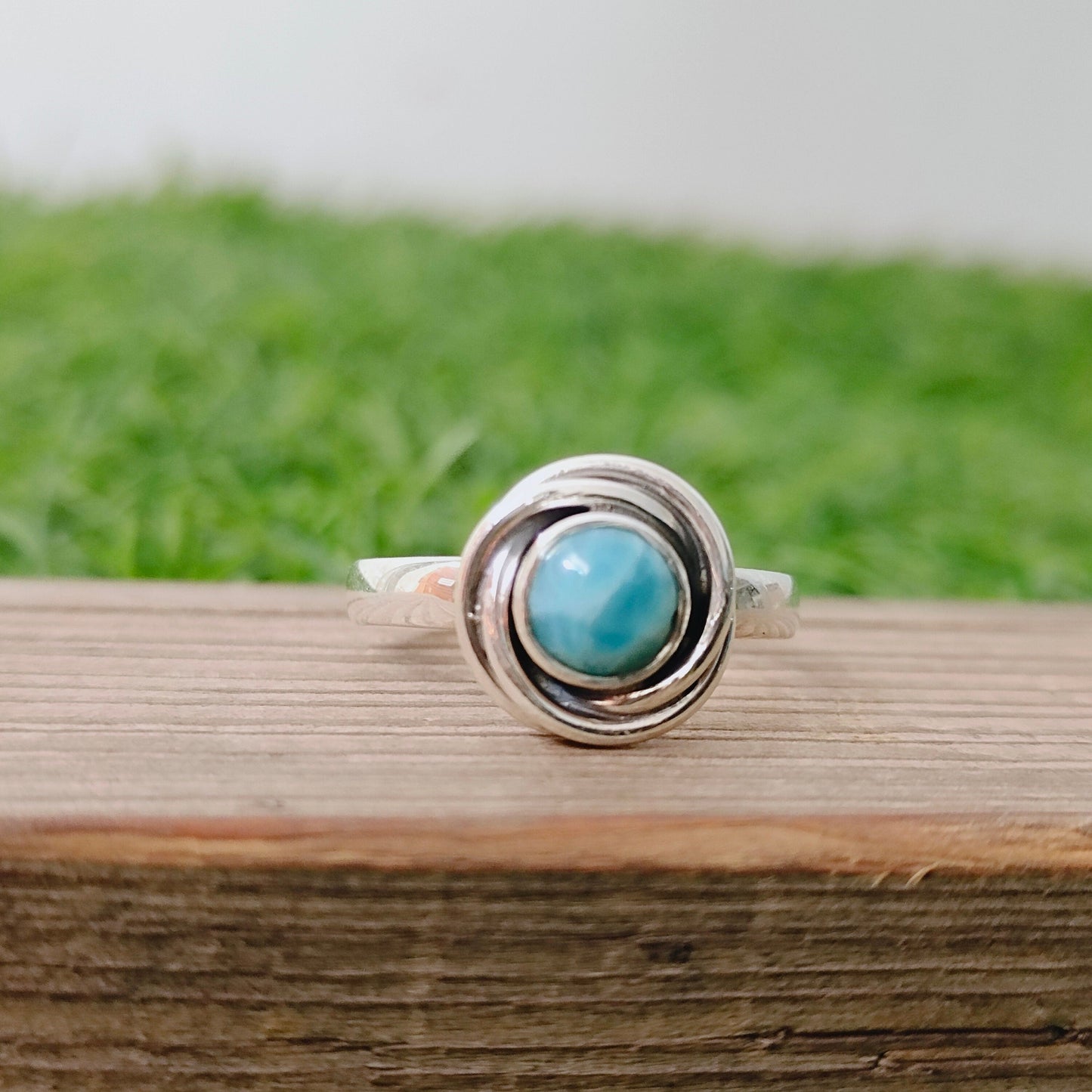 Natural Larimar flower shape Stone ring - Cabochon ring - 925 sterling silver ring - larimar ring - wedding Rings - silver rings- gifts
