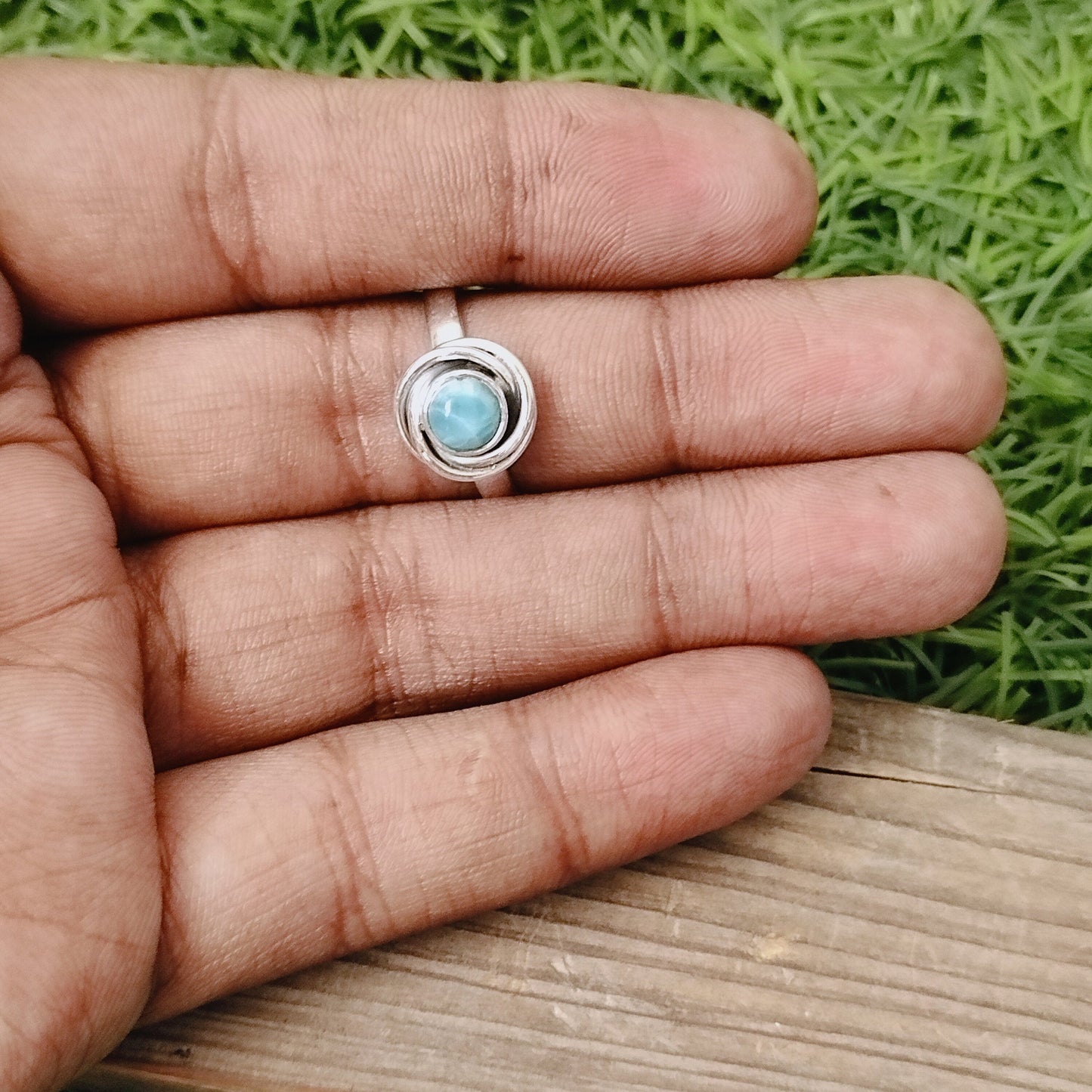 Natural Larimar flower shape Stone ring - Cabochon ring - 925 sterling silver ring - larimar ring - wedding Rings - silver rings- gifts