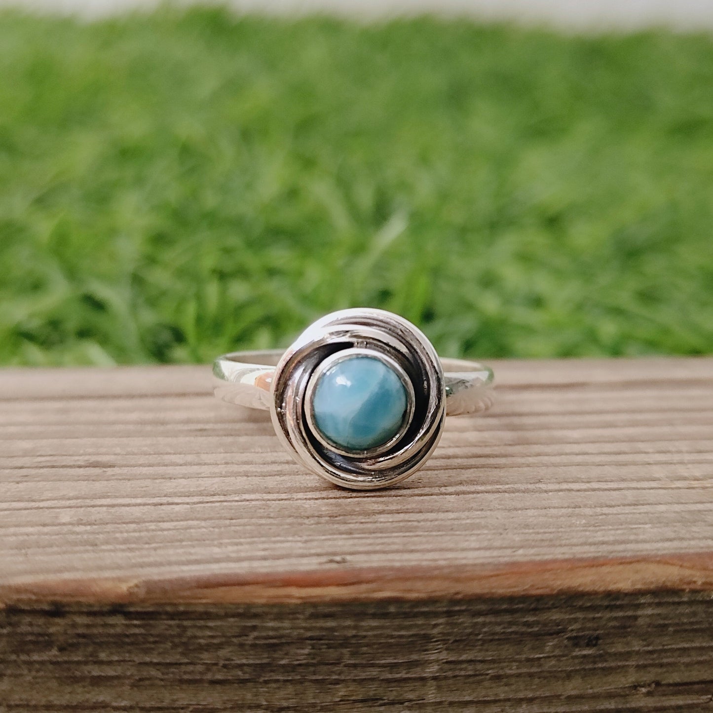 Natural Larimar flower shape Stone ring - Cabochon ring - 925 sterling silver ring - larimar ring - wedding Rings - silver rings- gifts