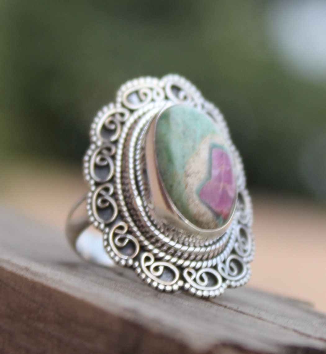 Boho Statement Ring - Ruby fuchsite Stone Sterling Silver Ring - Hand Crafted Bohemian Ring-Bohemian Ring -Ruby fuchsite - Rings - Gift for