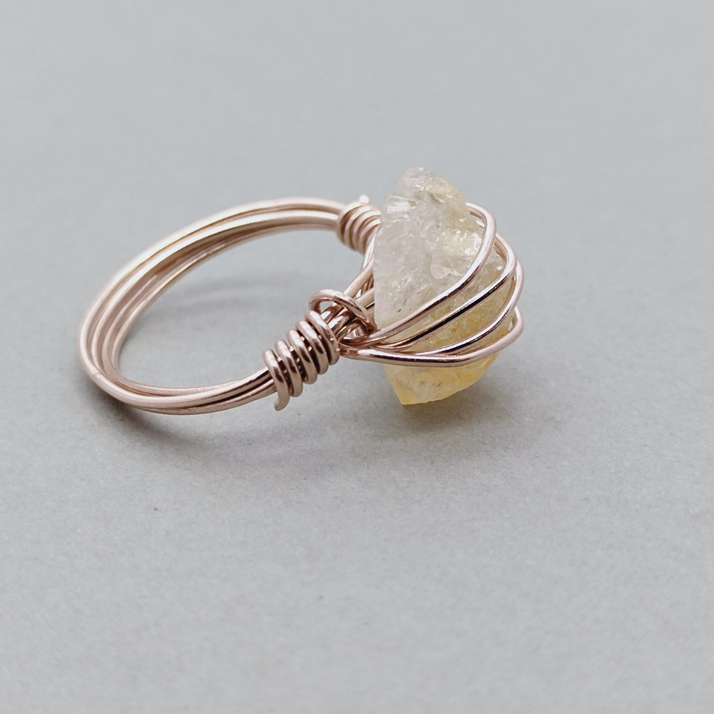 Citrine stone sterling silver rose gold plated ring - wired ring - Raw Gemstone Ring- Hand Crafted Bohemian Ring - summer gift
