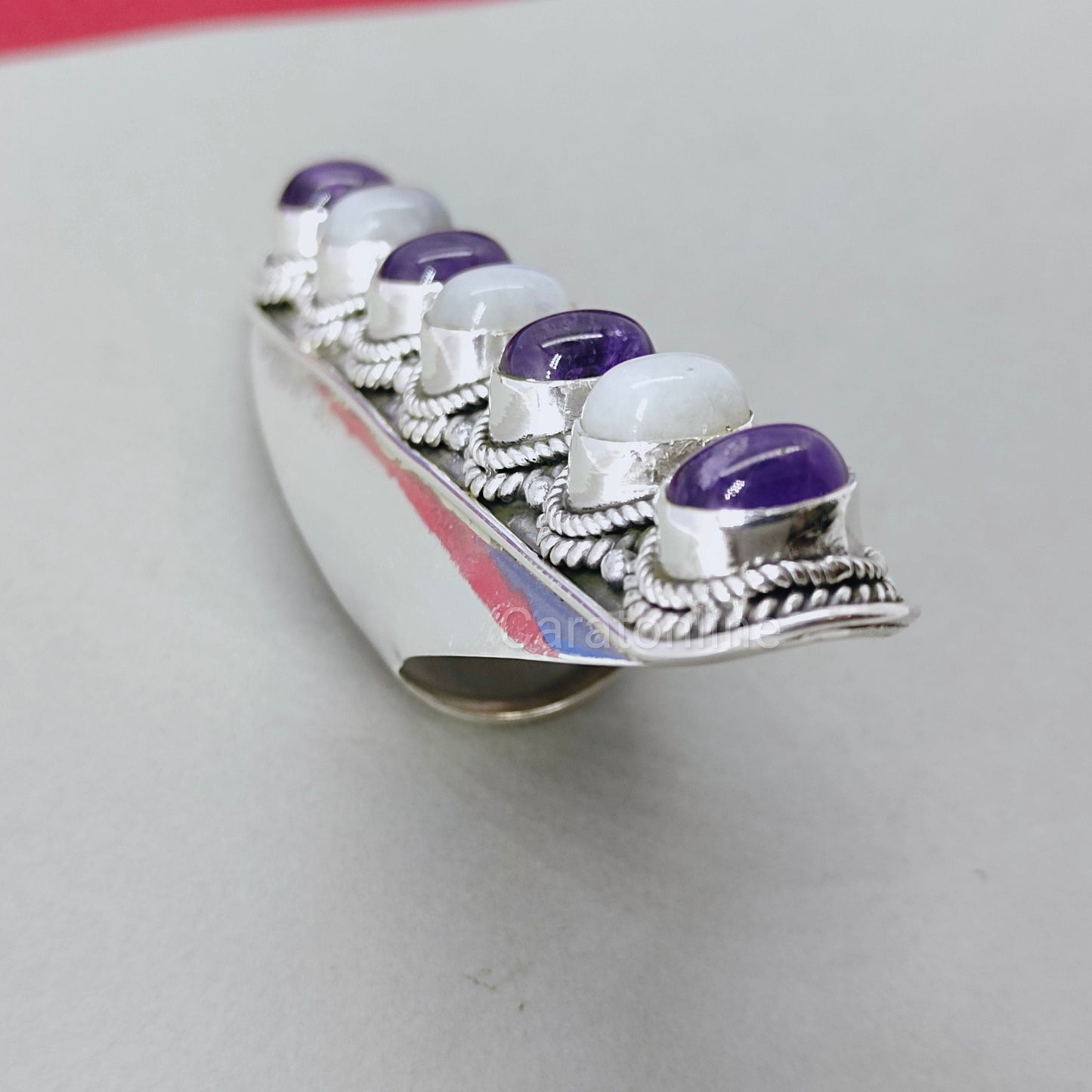 Amethyst and Moonstone Sterling Silver Ring - wedding summer gifts - 7 Stones Ring - Amethyst and Moonstone- Rings- Long Ring