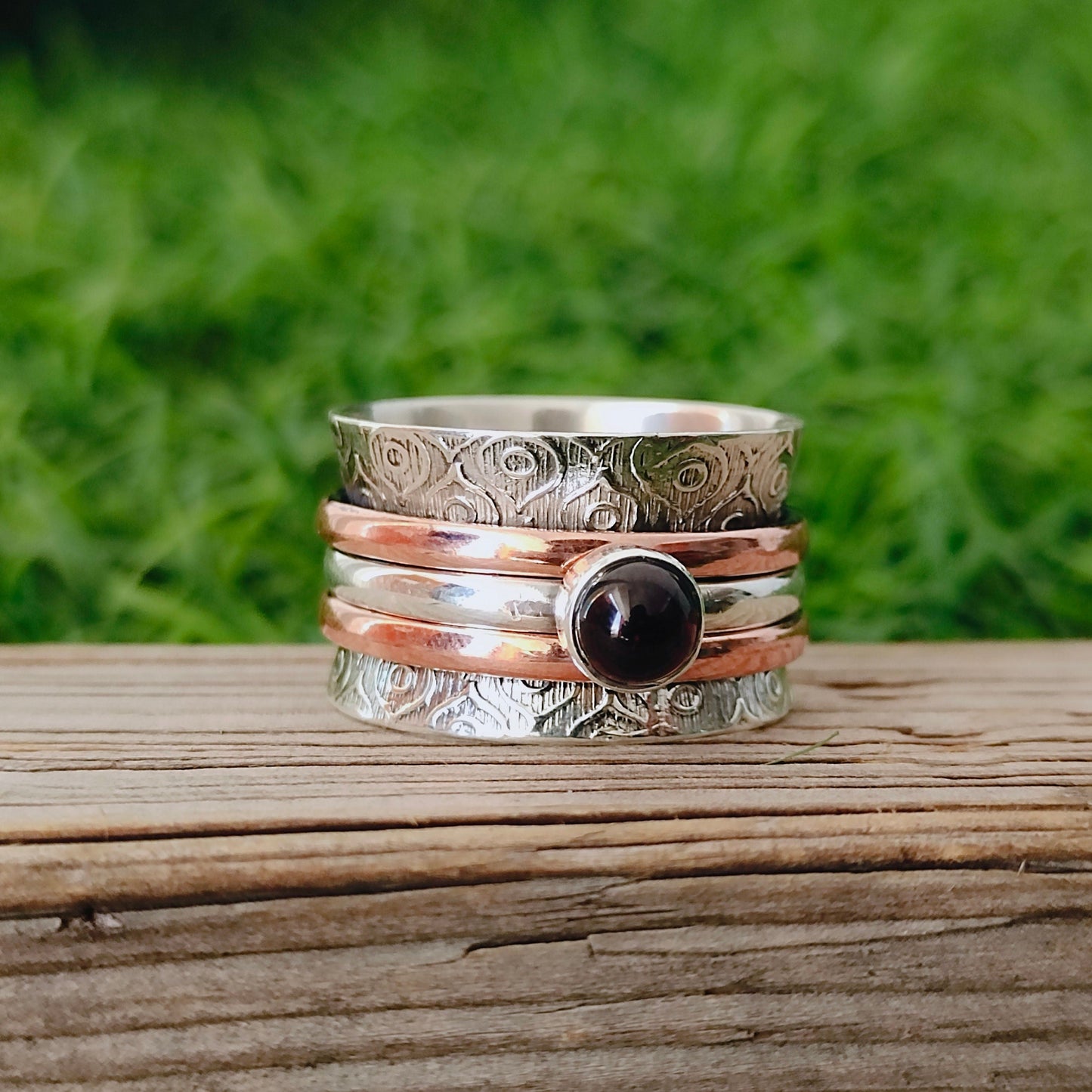 Spinner-Bandring, Sterling-Silber-Bandring, Granat-Silber-Bandring, 925er Sterling-Silberring, Spinner-Ring, Daumenring, Bandring