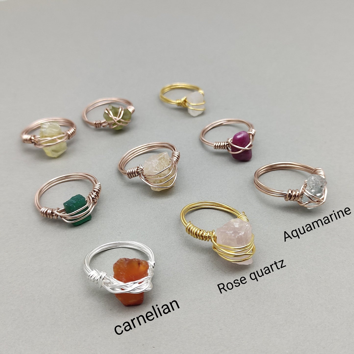 Silberdraht-Edelsteinringe, Kristallring, zierlicher Ring mit Kristalldrahtwicklung, Statement-Ring, Geschenk für sie, minimalistischer Rohstein