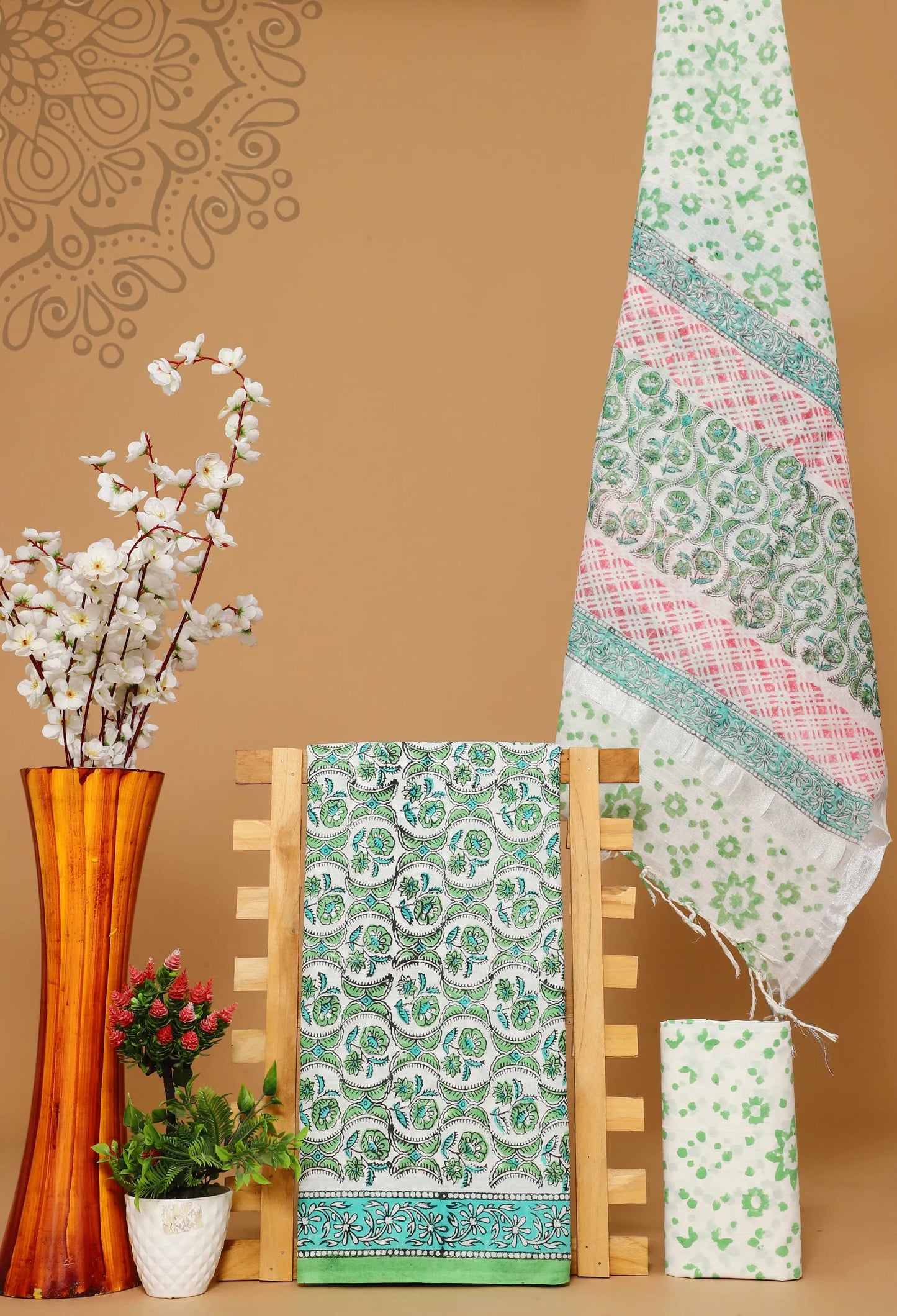 Cotton suit with linen dupatta