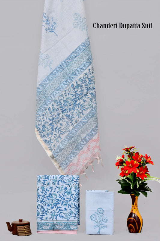Handblock limited cotton suit with chanderi silk dupatta