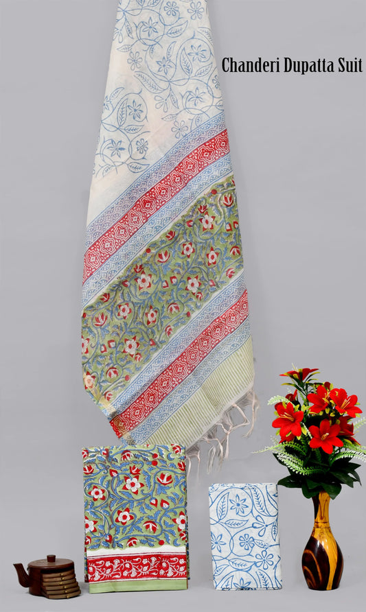 Handblock limited cotton suit with chanderi silk dupatta