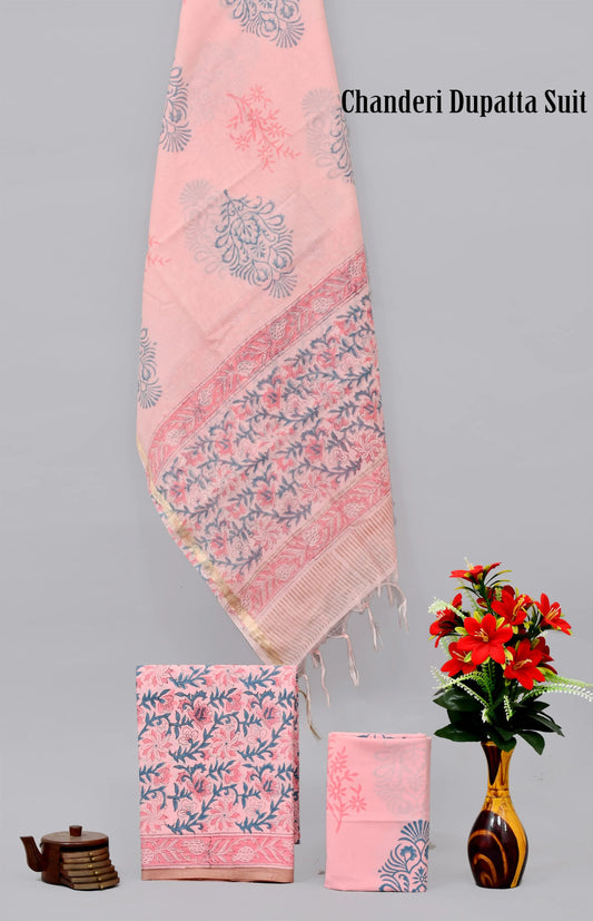 Handblock limited cotton suit with chanderi silk dupatta