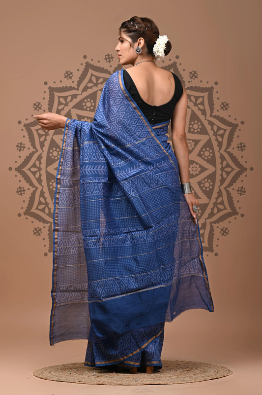 Saree en pure soie Chanderi imprimé à la main