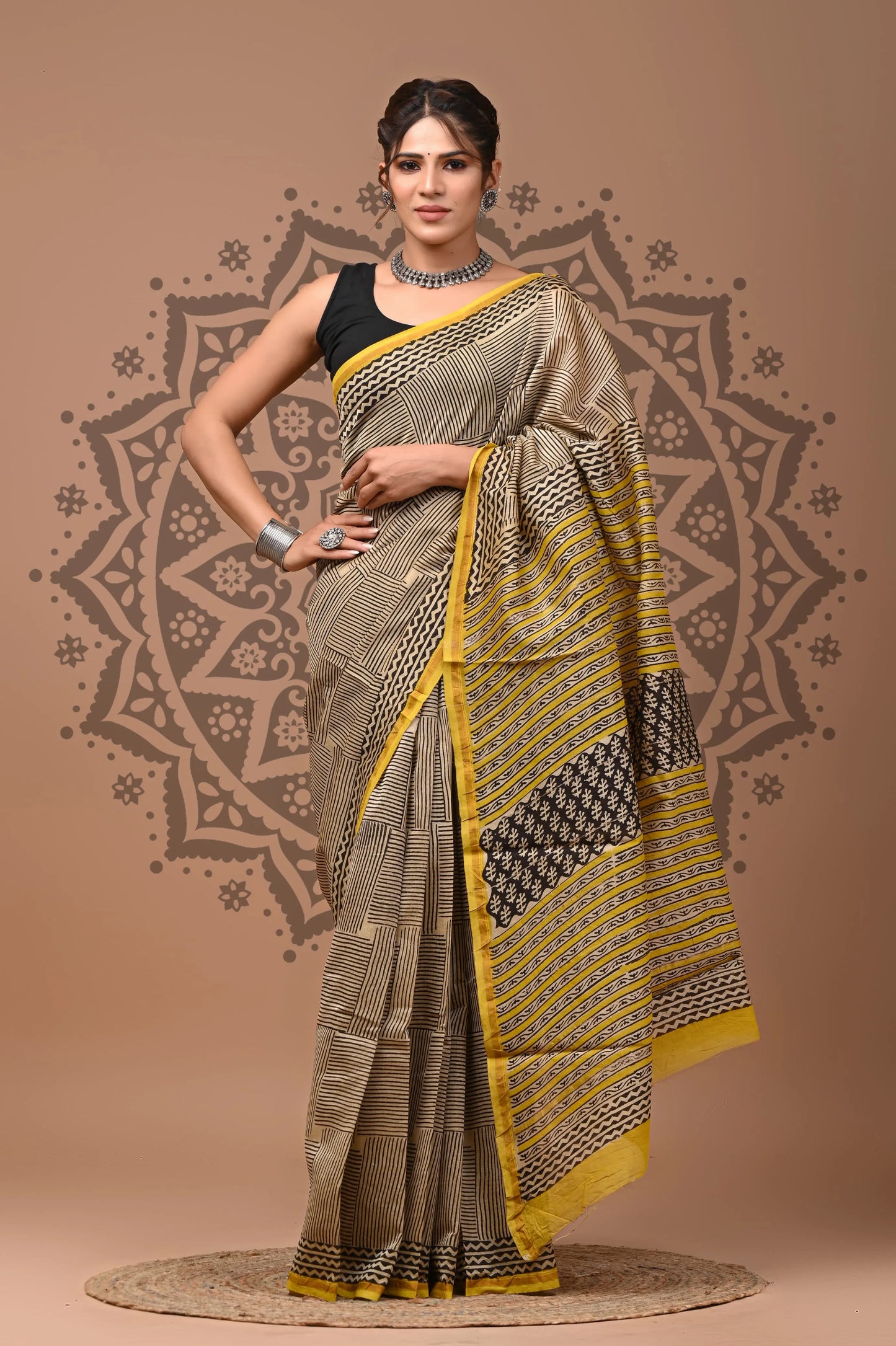 Saree en pure soie Chanderi imprimé à la main