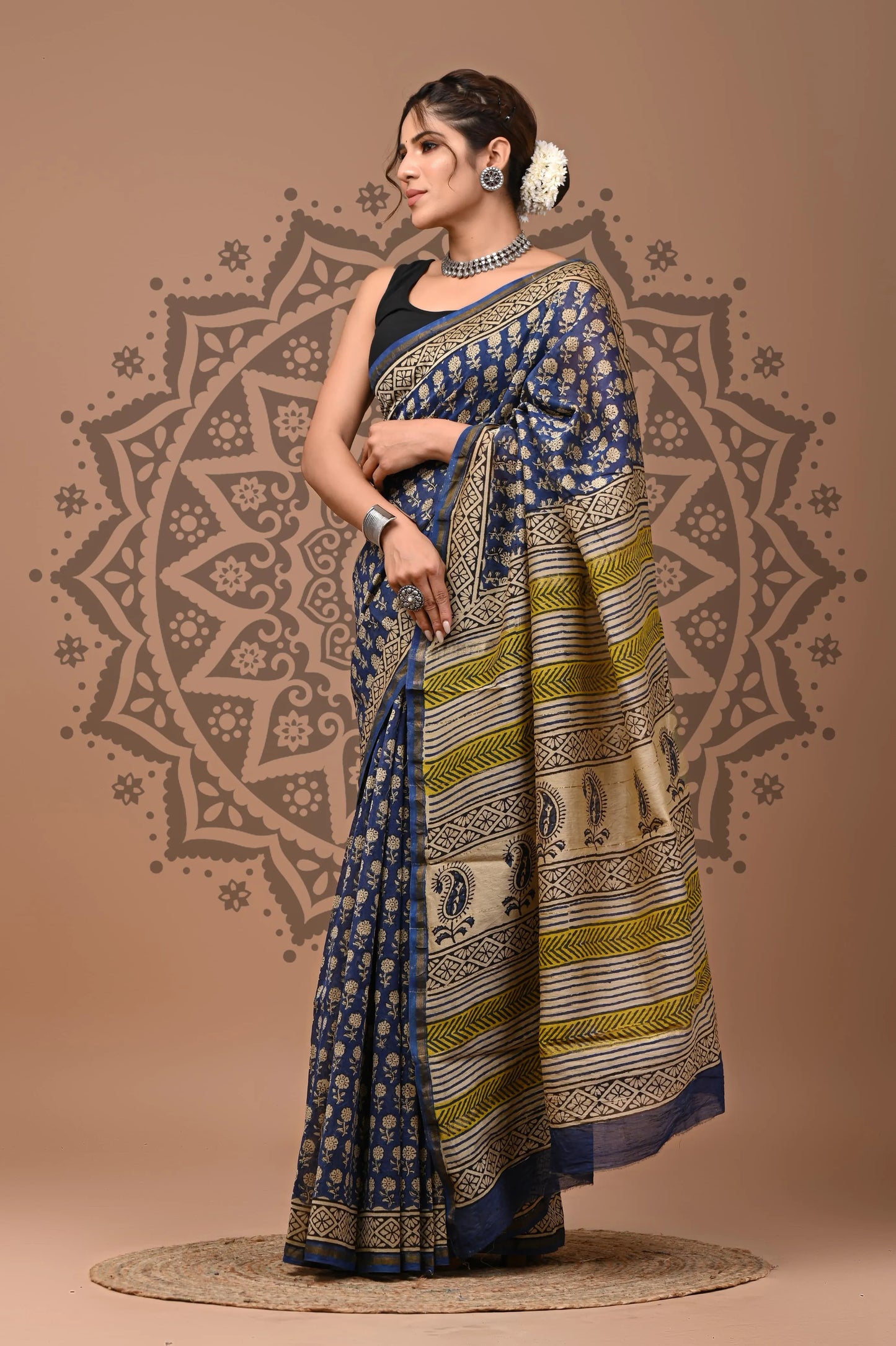 Saree en pure soie Chanderi imprimé à la main