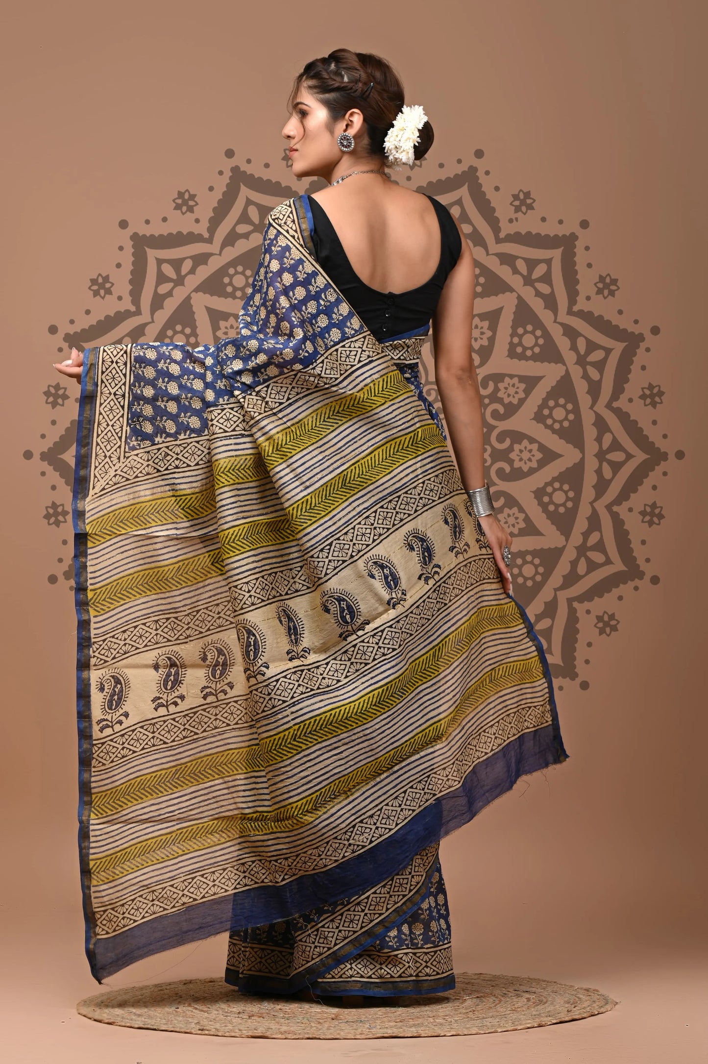Saree en pure soie Chanderi imprimé à la main