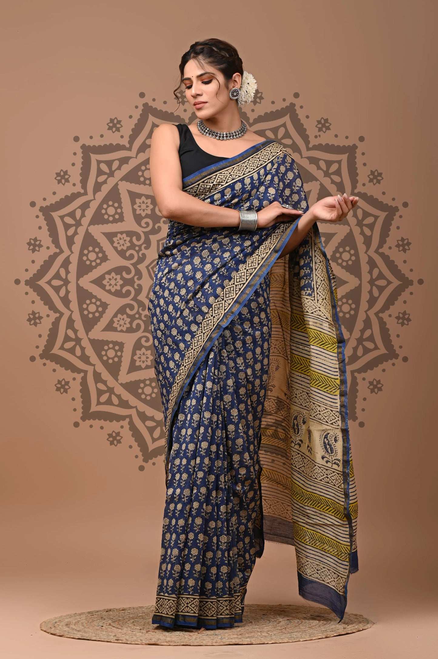 Saree en pure soie Chanderi imprimé à la main