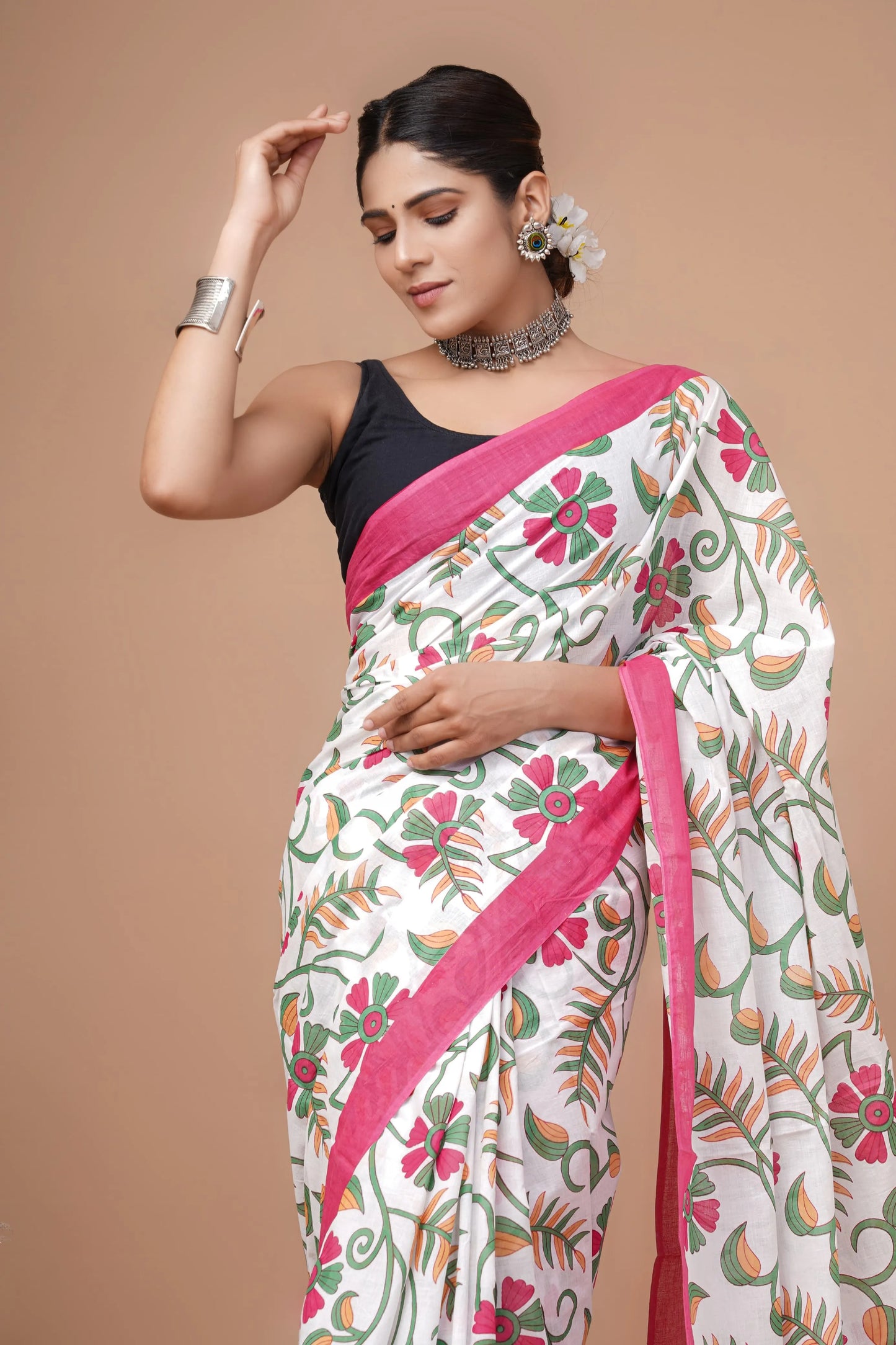 Hand block printed cotton mul-mul saree